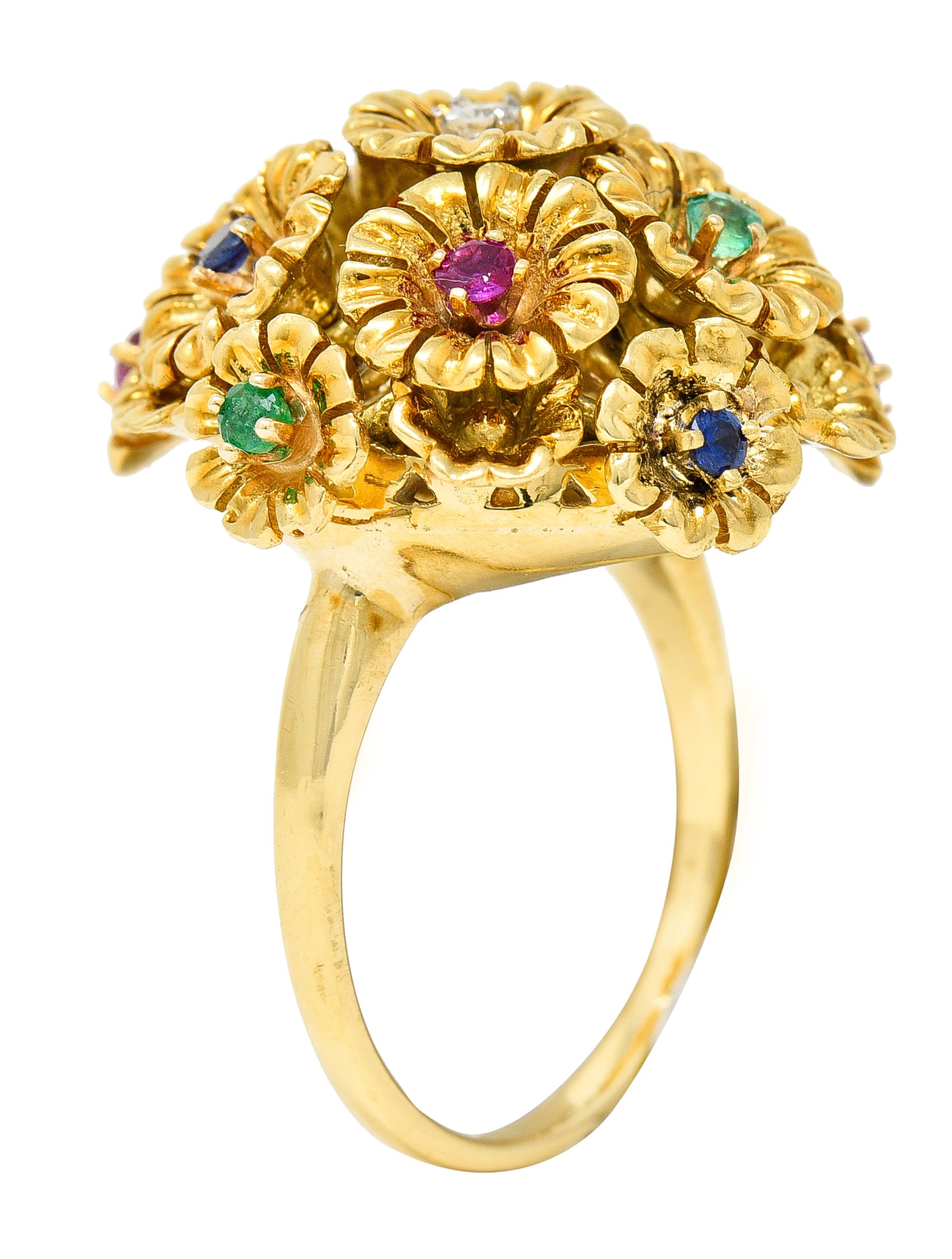 French Place Vendôme 0.35 CTW Sapphire Emerald Ruby Diamond 18 Karat Yellow Gold Vintage Tremblant Flower Ring Wilson's Estate Jewelry