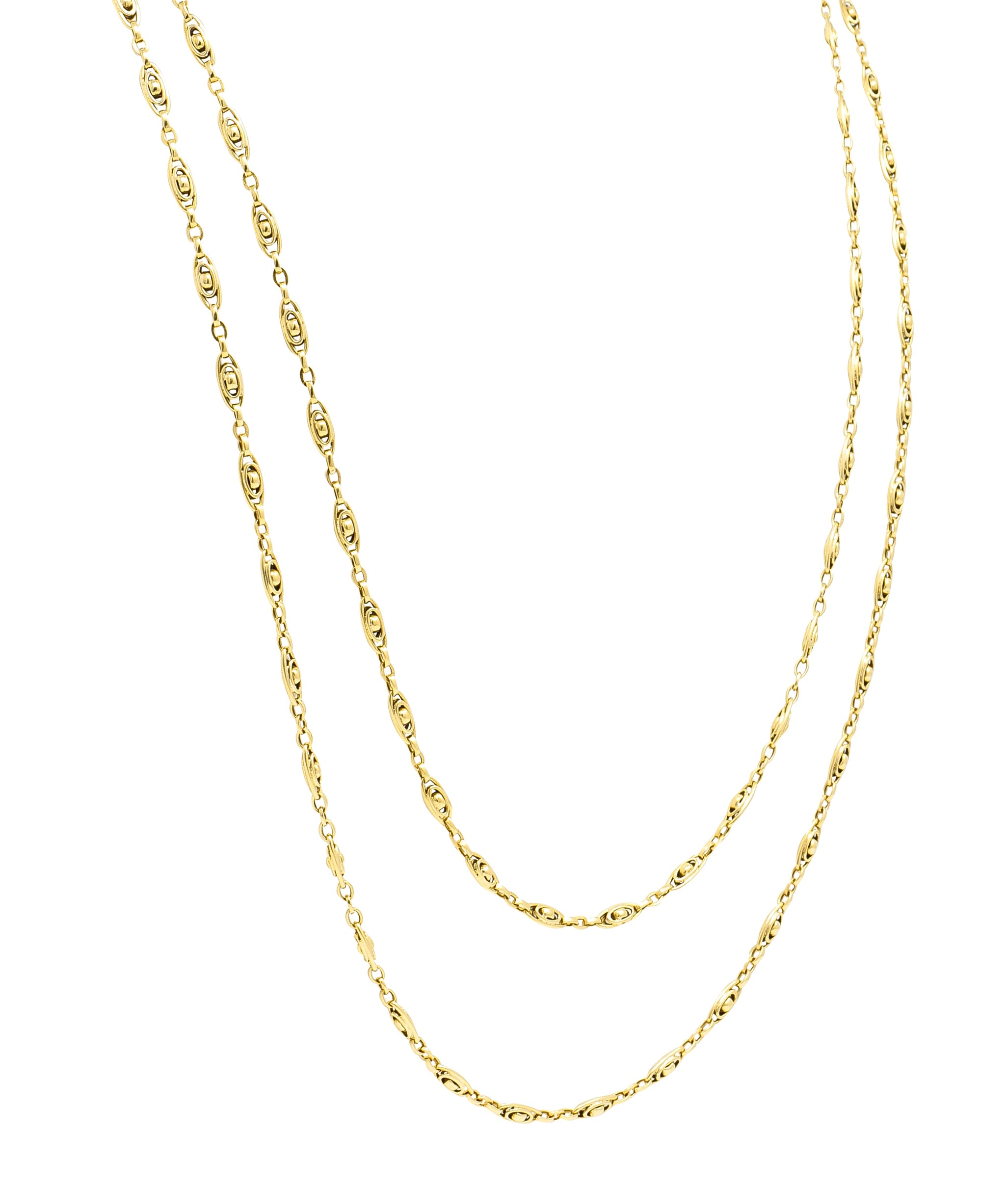 French Victorian 18 Karat Yellow Gold 58 1/2 Inch Long Oval Link Antique Chain Necklace Wilson's Estate Jewelry