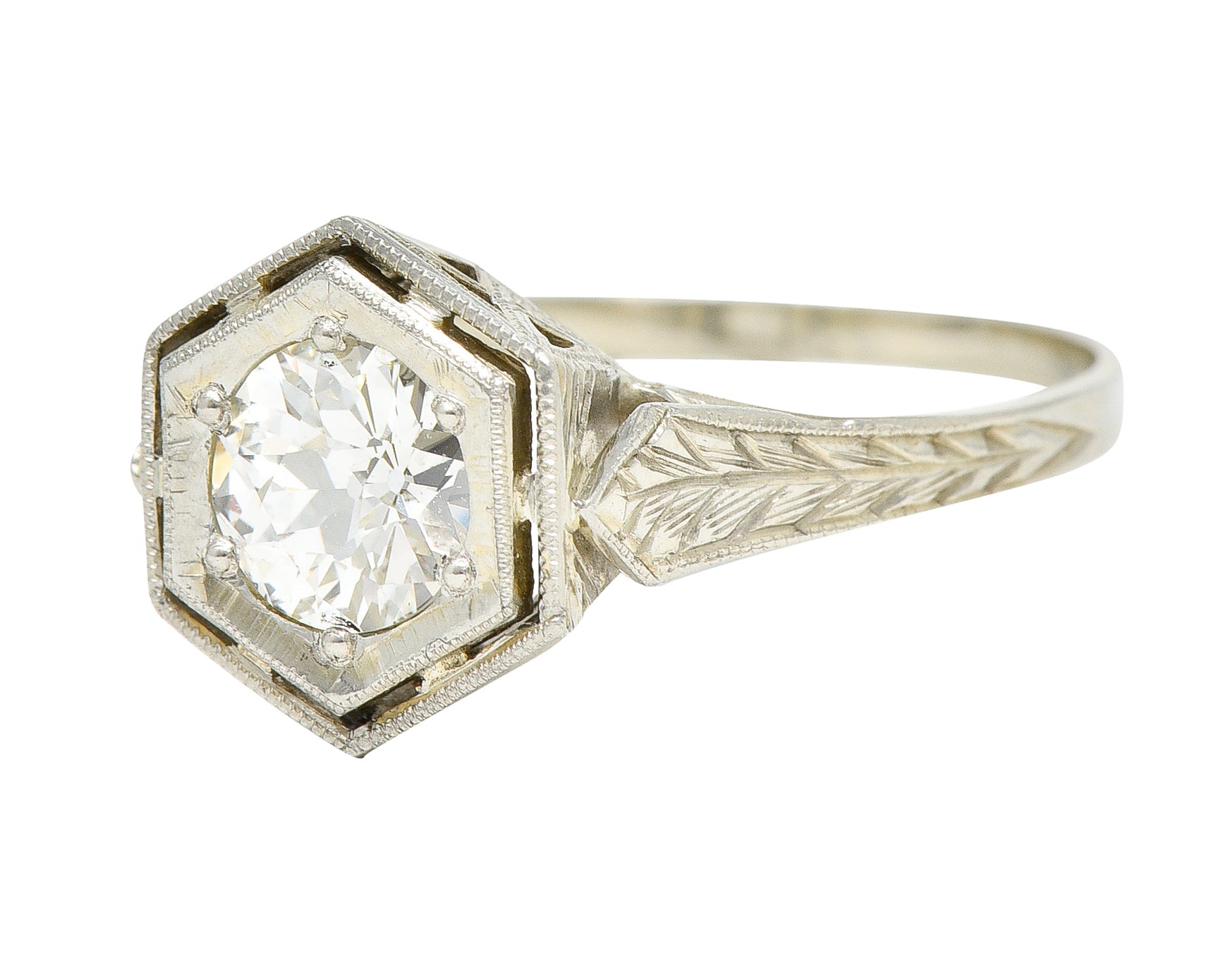 Art Deco 0.74 CTW Old European Cut Diamond 20 Karat White Gold Hexagonal Engagement Ring Wilson's Estate Jewelry