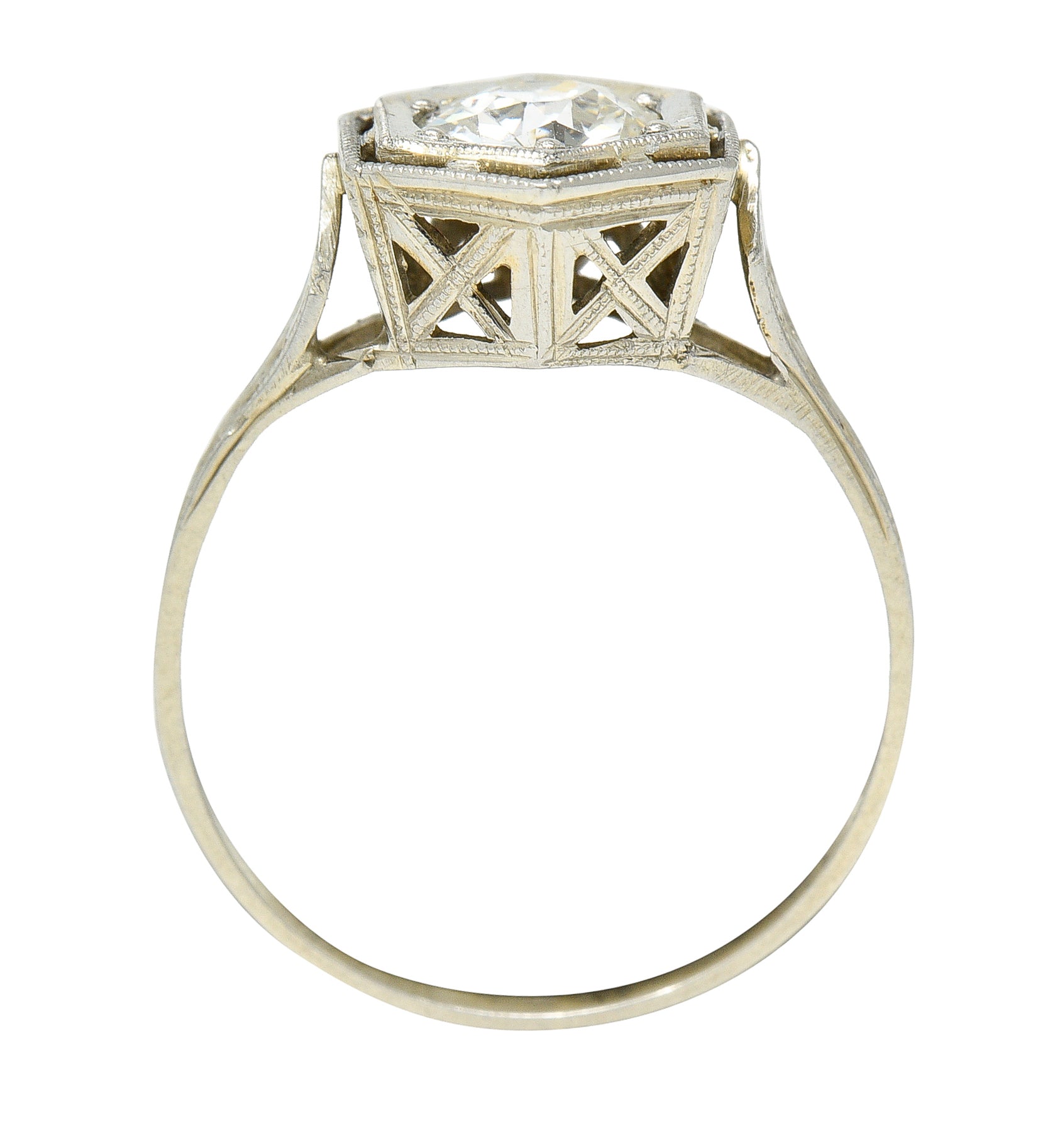 Art Deco 0.74 CTW Old European Cut Diamond 20 Karat White Gold Hexagonal Engagement Ring Wilson's Estate Jewelry