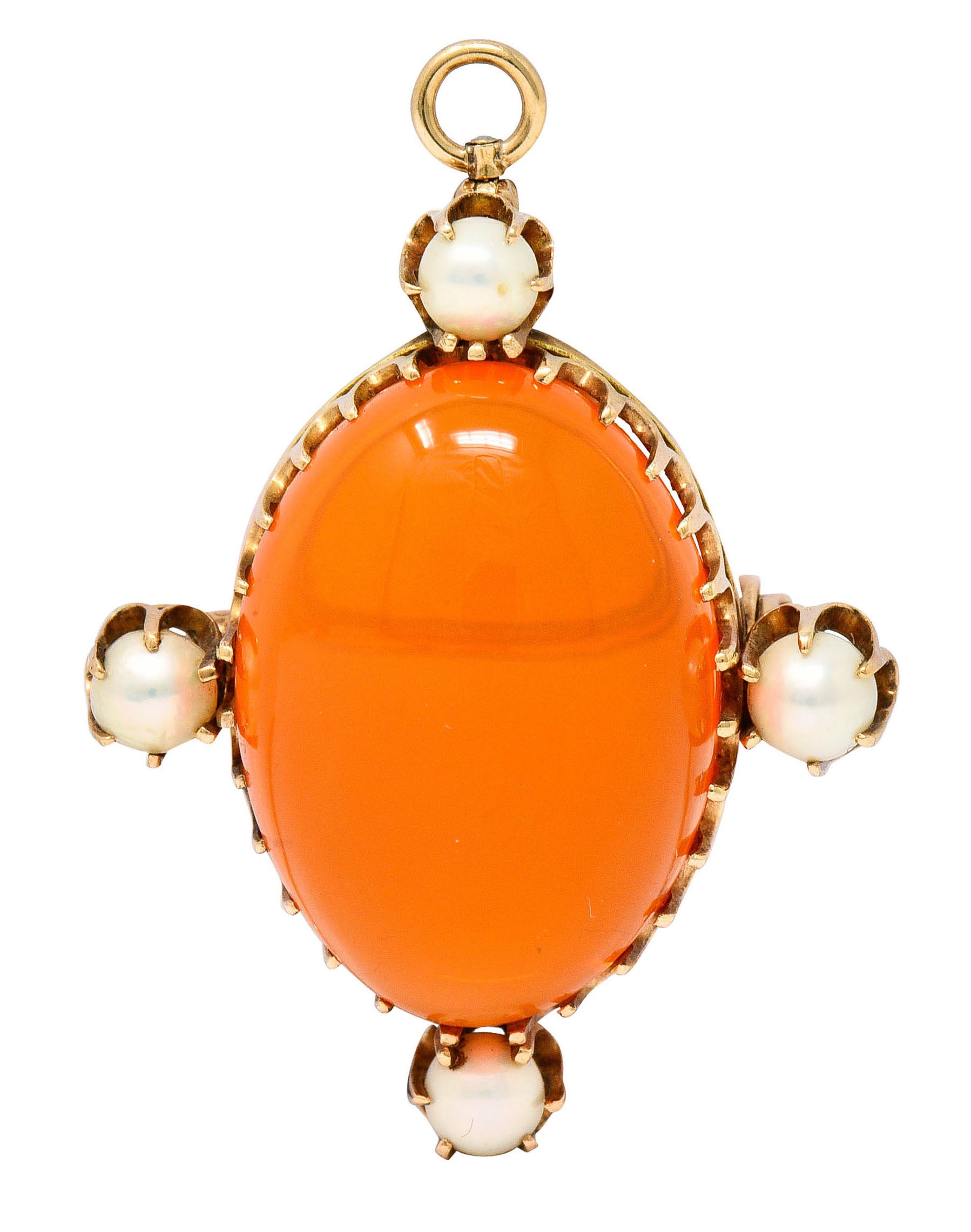 Victorian Mexican Fire Opal Pearl 14 Karat Gold Cabochon Pendant BroochNecklace - Wilson's Estate Jewelry