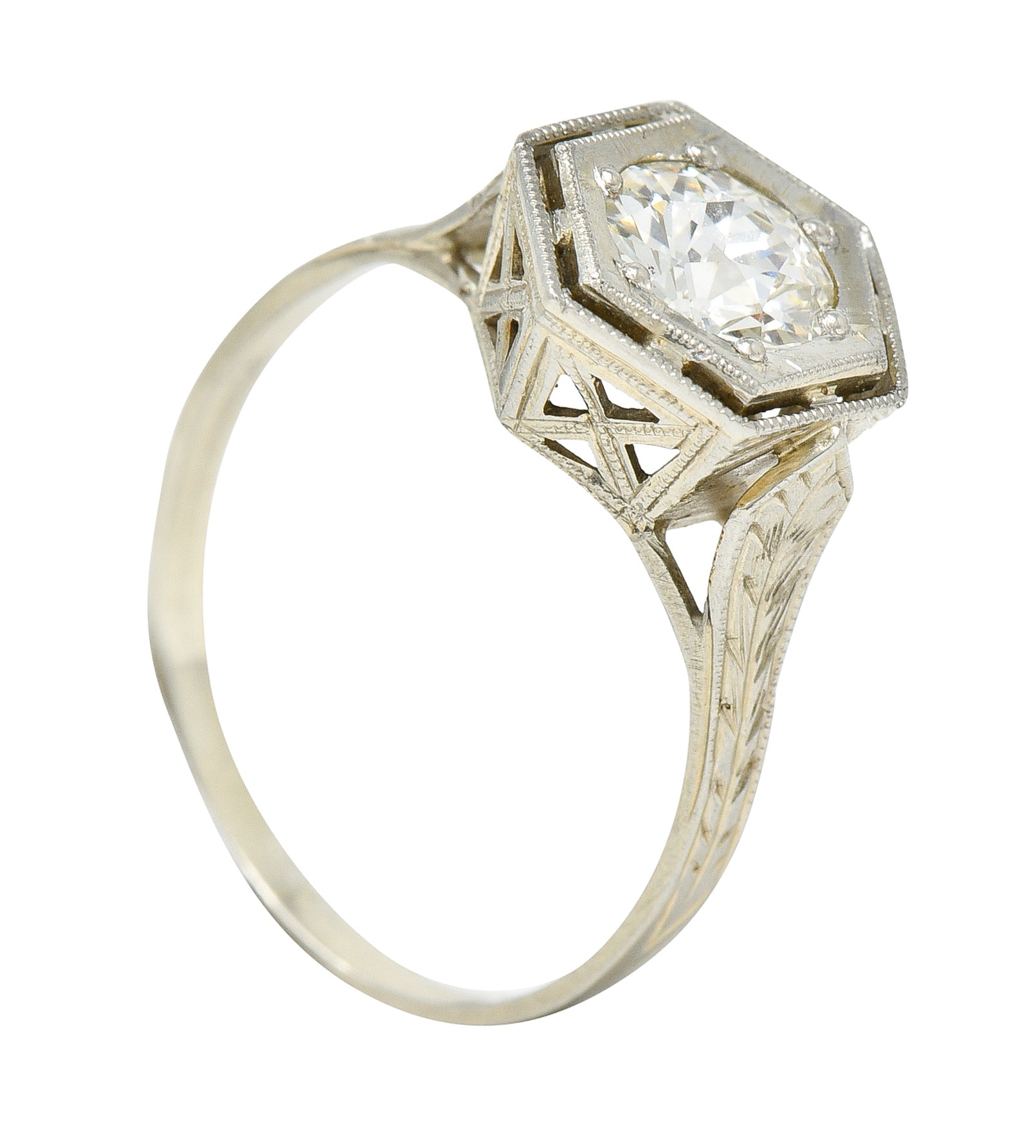 Art Deco 0.74 CTW Old European Cut Diamond 20 Karat White Gold Hexagonal Engagement Ring Wilson's Estate Jewelry