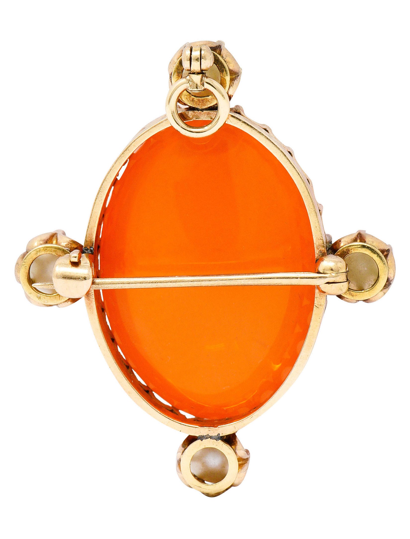 Victorian Mexican Fire Opal Pearl 14 Karat Gold Cabochon Pendant BroochNecklace - Wilson's Estate Jewelry