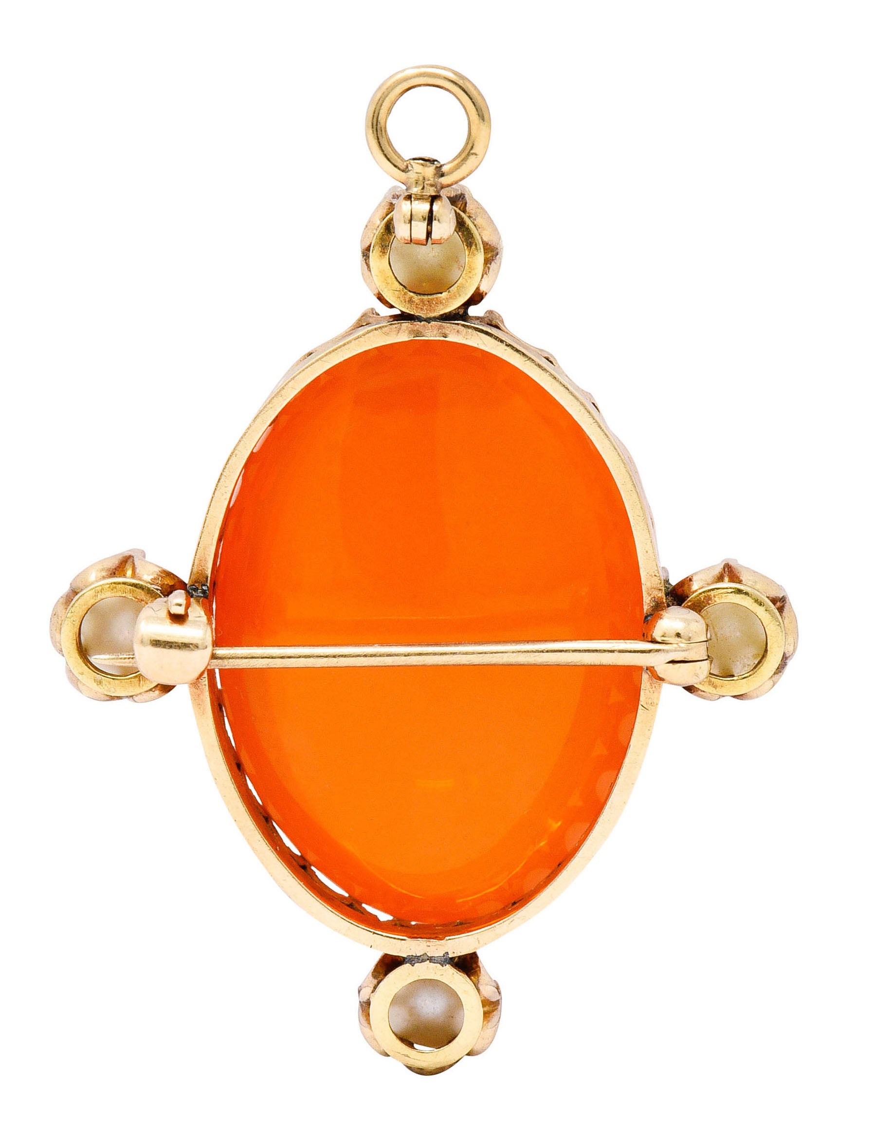 Victorian Mexican Fire Opal Pearl 14 Karat Gold Cabochon Pendant BroochNecklace - Wilson's Estate Jewelry