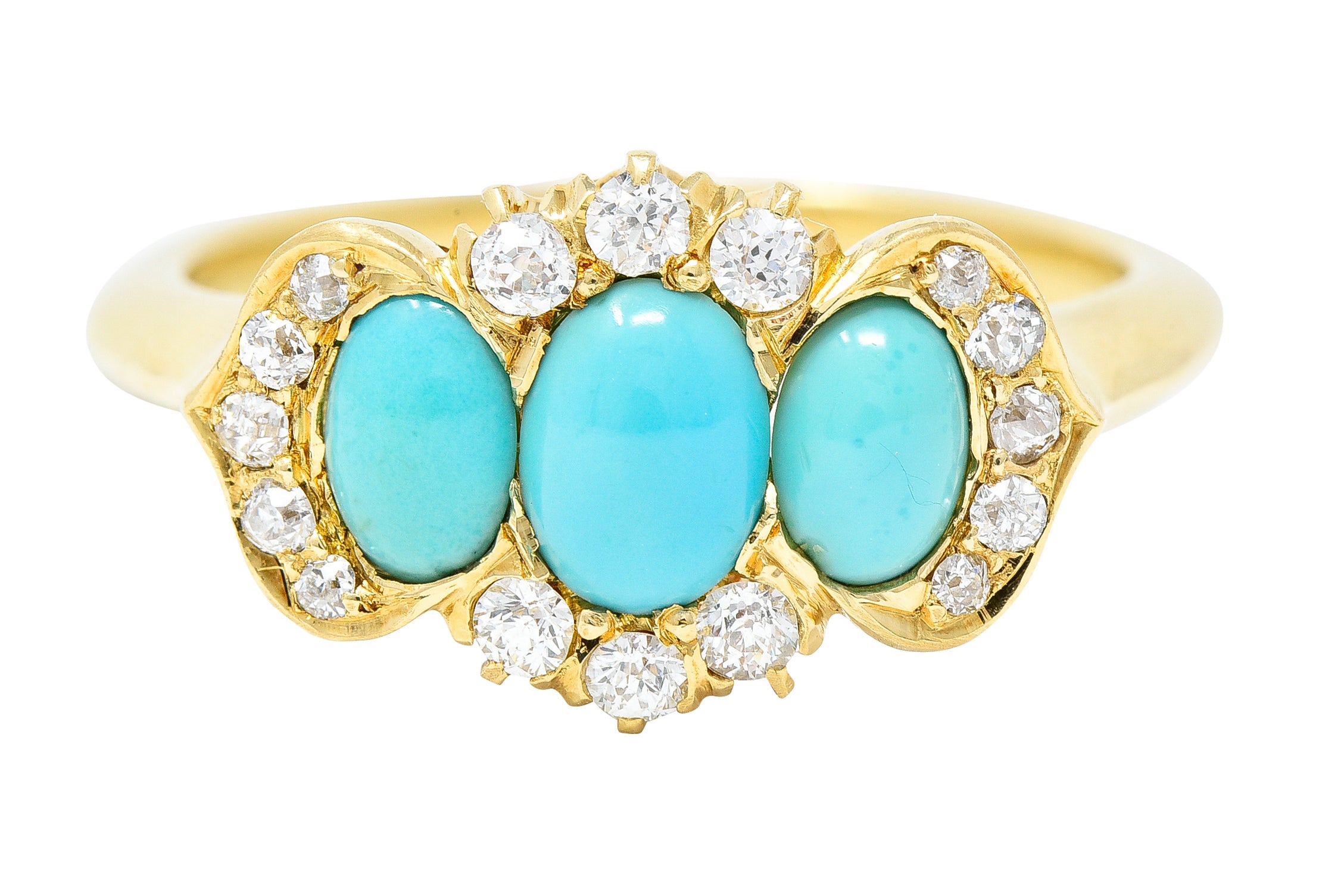 Art Nouveau Turquoise Cabochon Old Mine Cut Diamond 18 Karat Yellow Gold Antique Cluster Jones & Woodland Co. Ring Wilson's Estate Jewelry