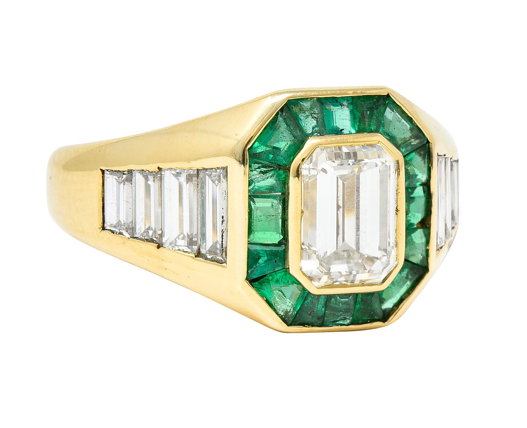 Vintage Italian 2.70 CTW Diamond Emerald 18 Karat Yellow Gold Unisex RingRing - Wilson's Estate Jewelry