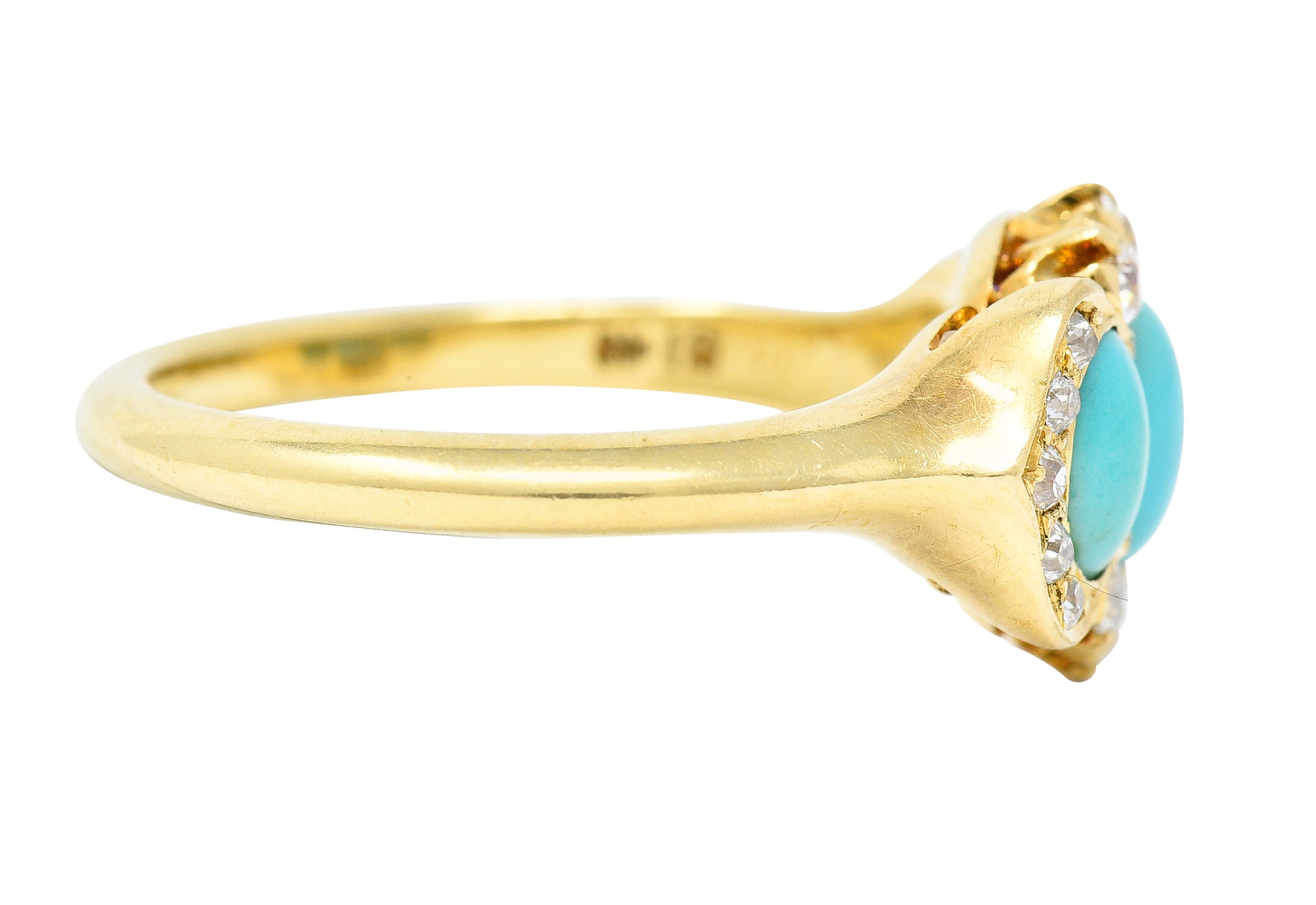 Art Nouveau Turquoise Cabochon Old Mine Cut Diamond 18 Karat Yellow Gold Antique Cluster Jones & Woodland Co. Ring Wilson's Estate Jewelry