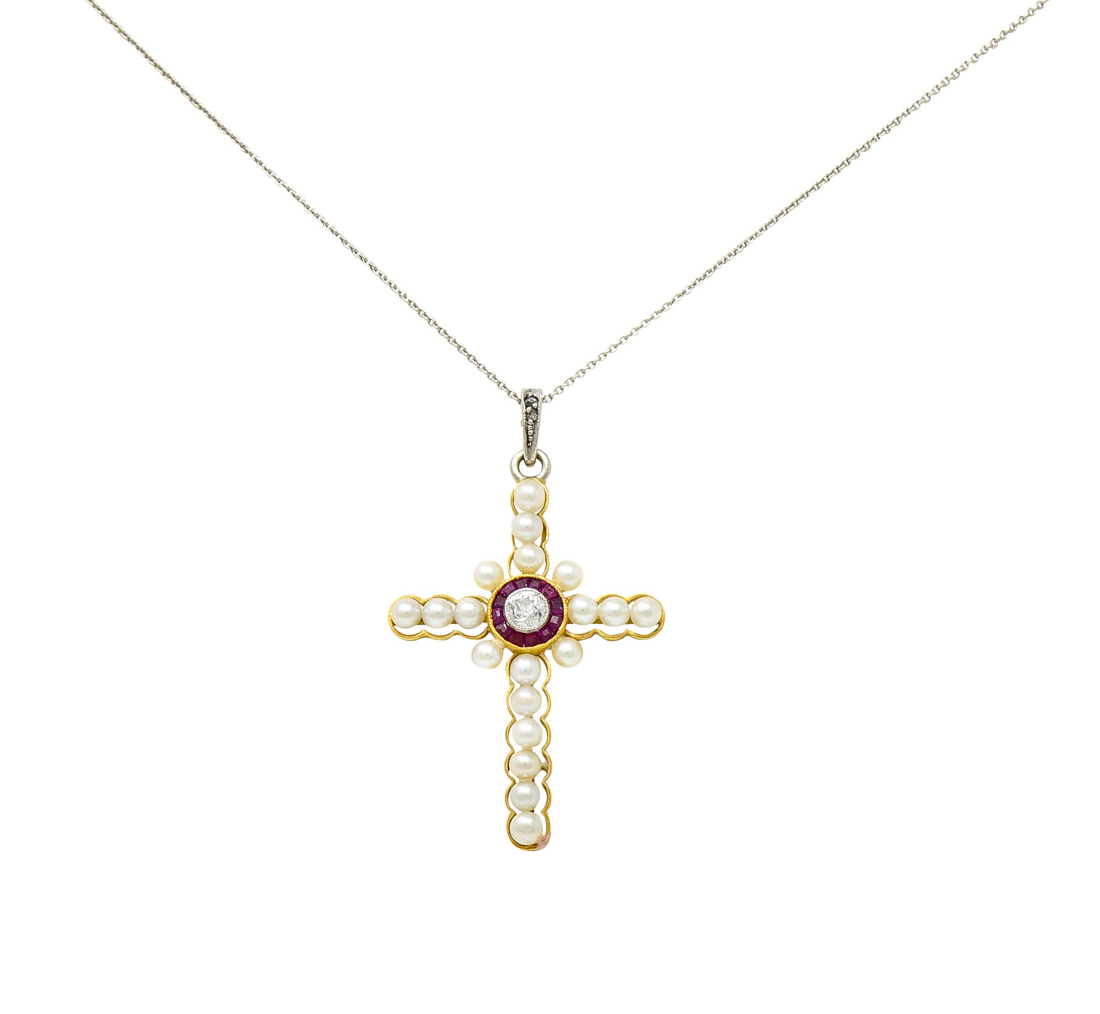 Edwardian Diamond Ruby Pearl Platinum-Topped 18 Karat Gold Cross Pendant NecklaceNecklace - Wilson's Estate Jewelry