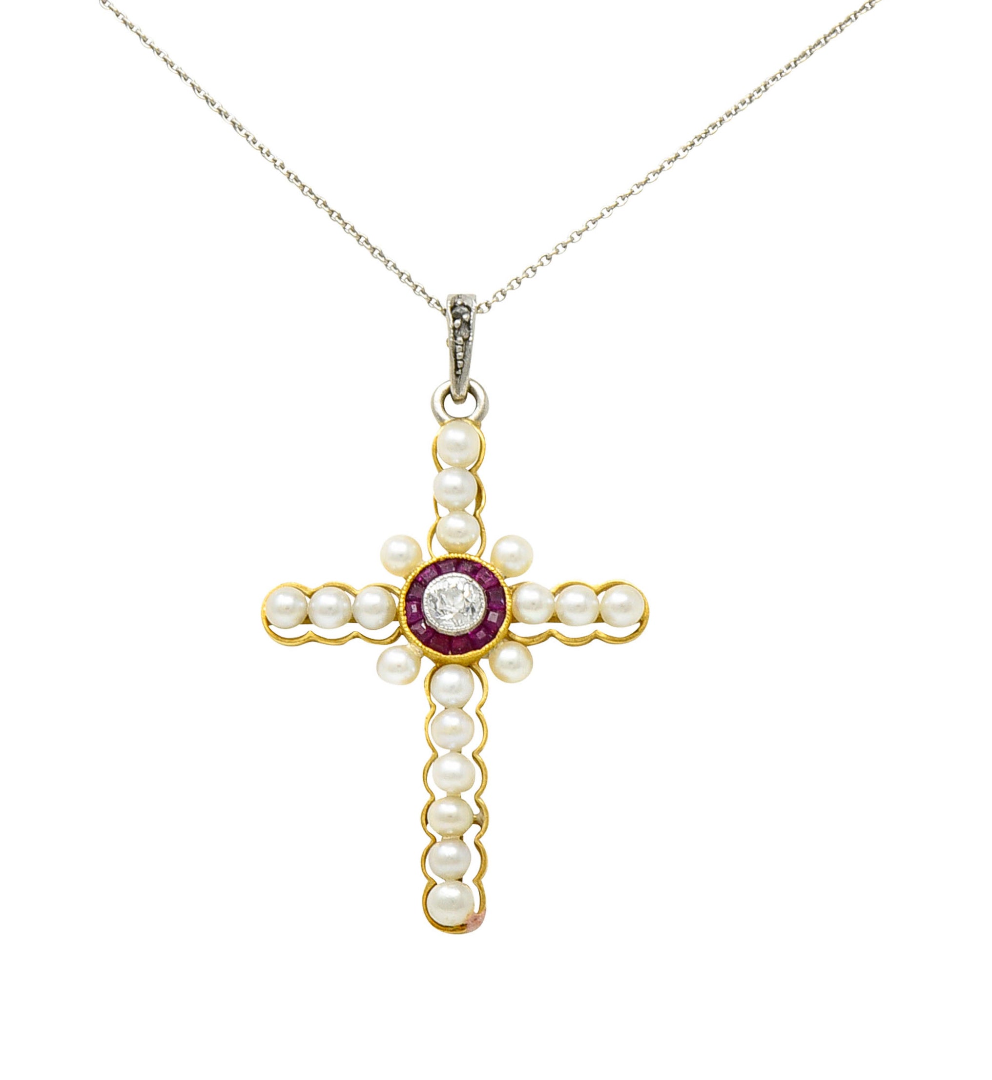 Edwardian Diamond Ruby Pearl Platinum-Topped 18 Karat Gold Cross Pendant NecklaceNecklace - Wilson's Estate Jewelry