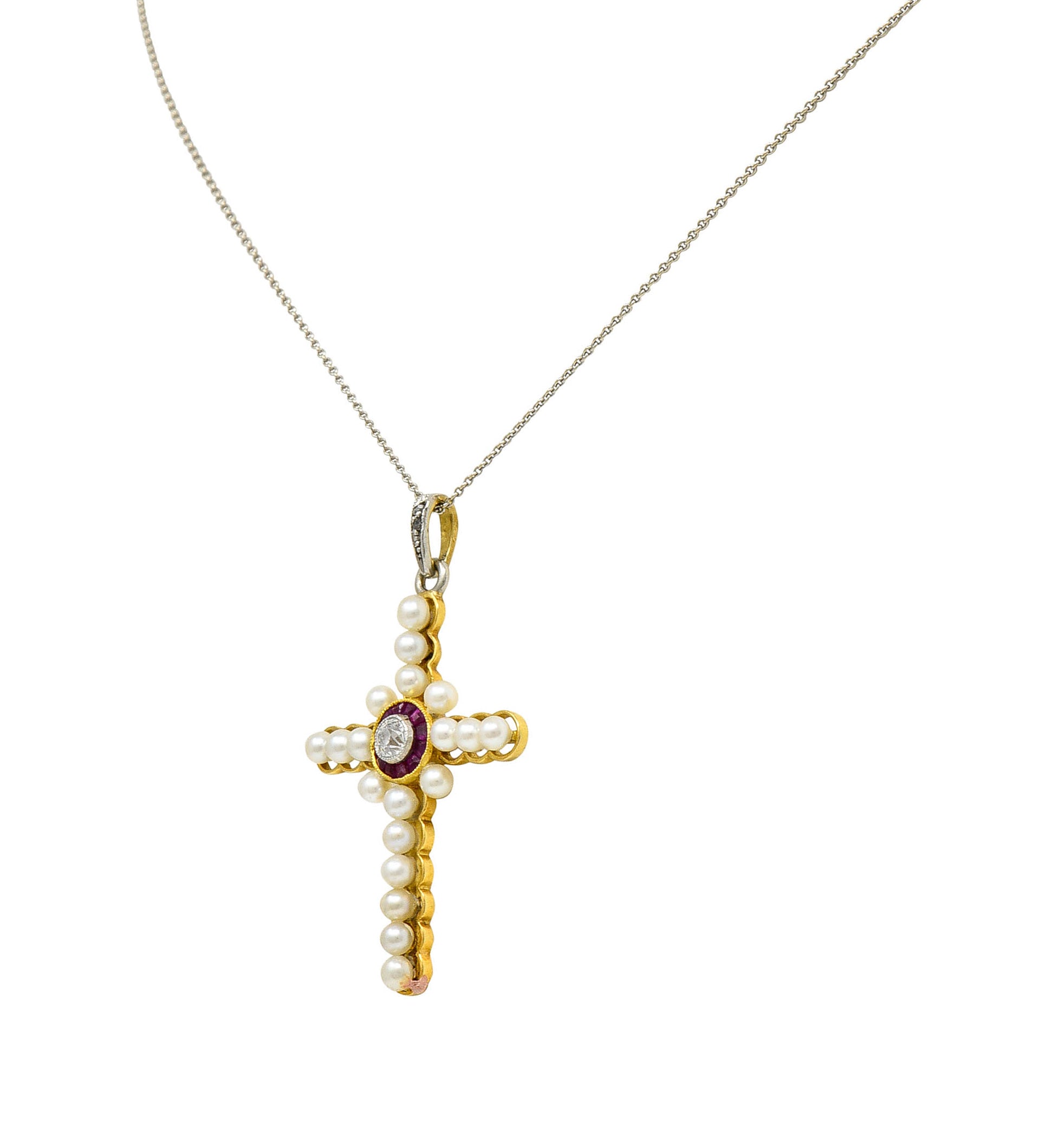 Edwardian Diamond Ruby Pearl Platinum-Topped 18 Karat Gold Cross Pendant NecklaceNecklace - Wilson's Estate Jewelry