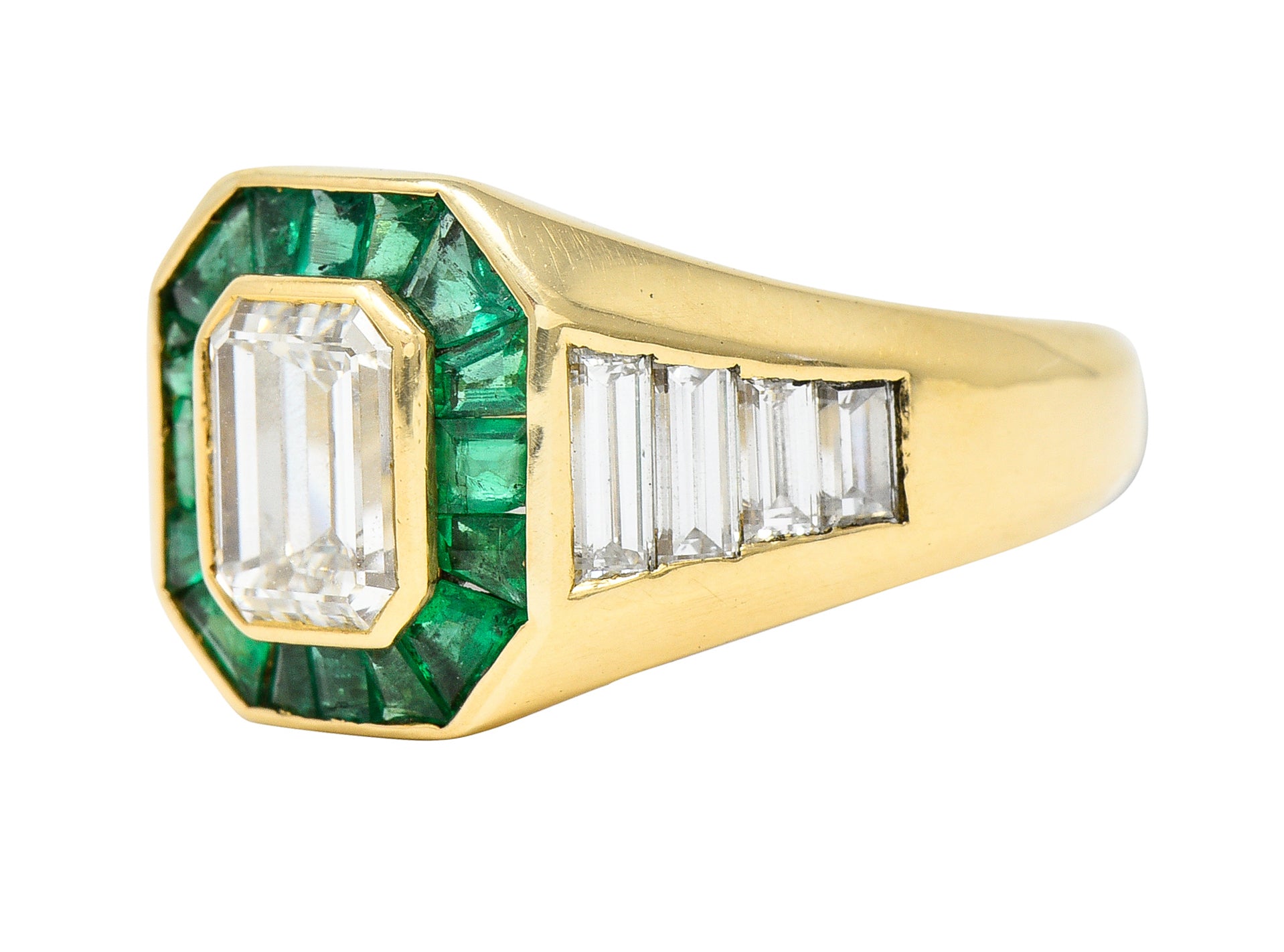 Vintage Italian 2.70 CTW Diamond Emerald 18 Karat Yellow Gold Unisex RingRing - Wilson's Estate Jewelry