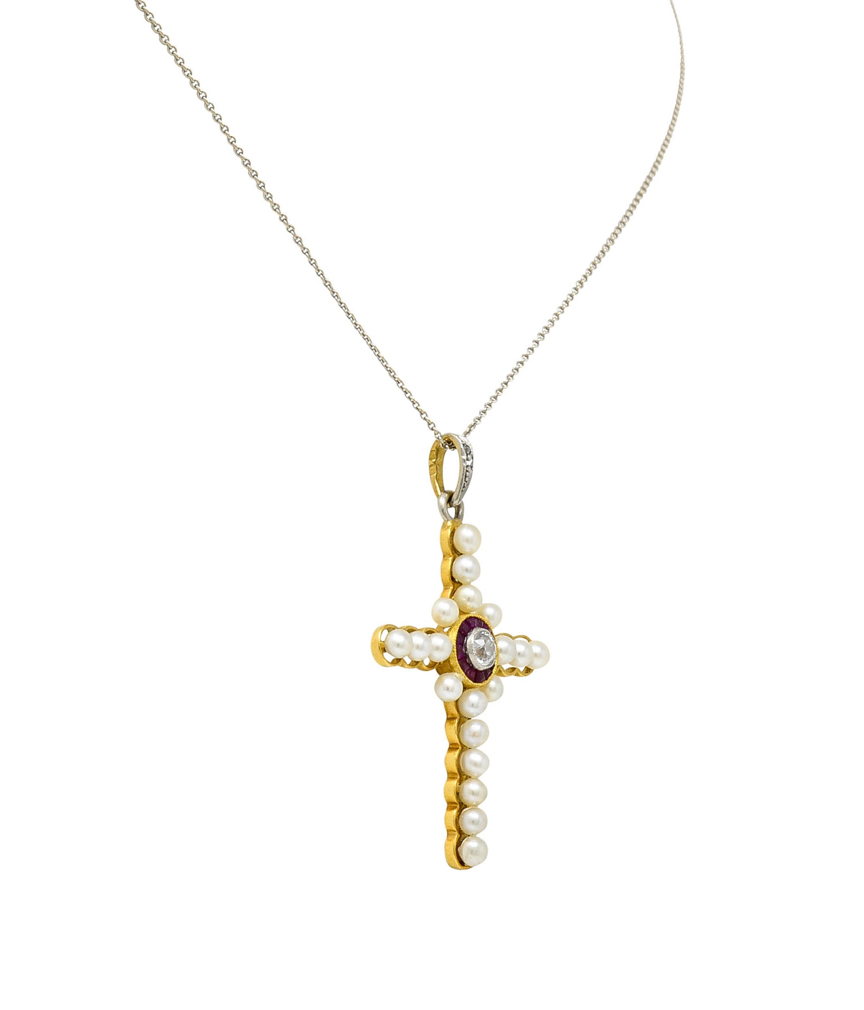 Edwardian Diamond Ruby Pearl Platinum-Topped 18 Karat Gold Cross Pendant NecklaceNecklace - Wilson's Estate Jewelry