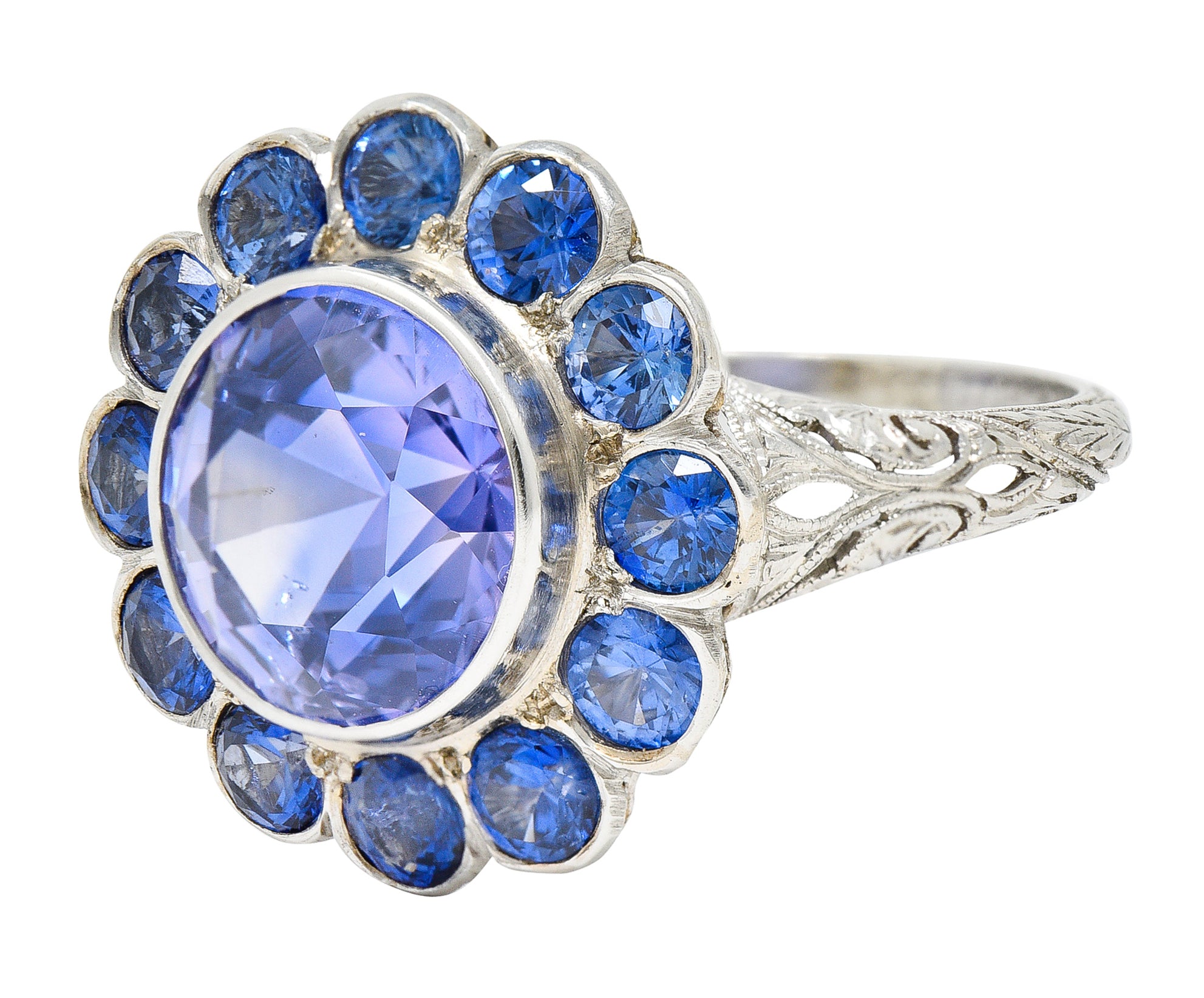 Edwardian 7.78 CTW No Heat Sapphire Platinum Cluster Ring GIARing - Wilson's Estate Jewelry