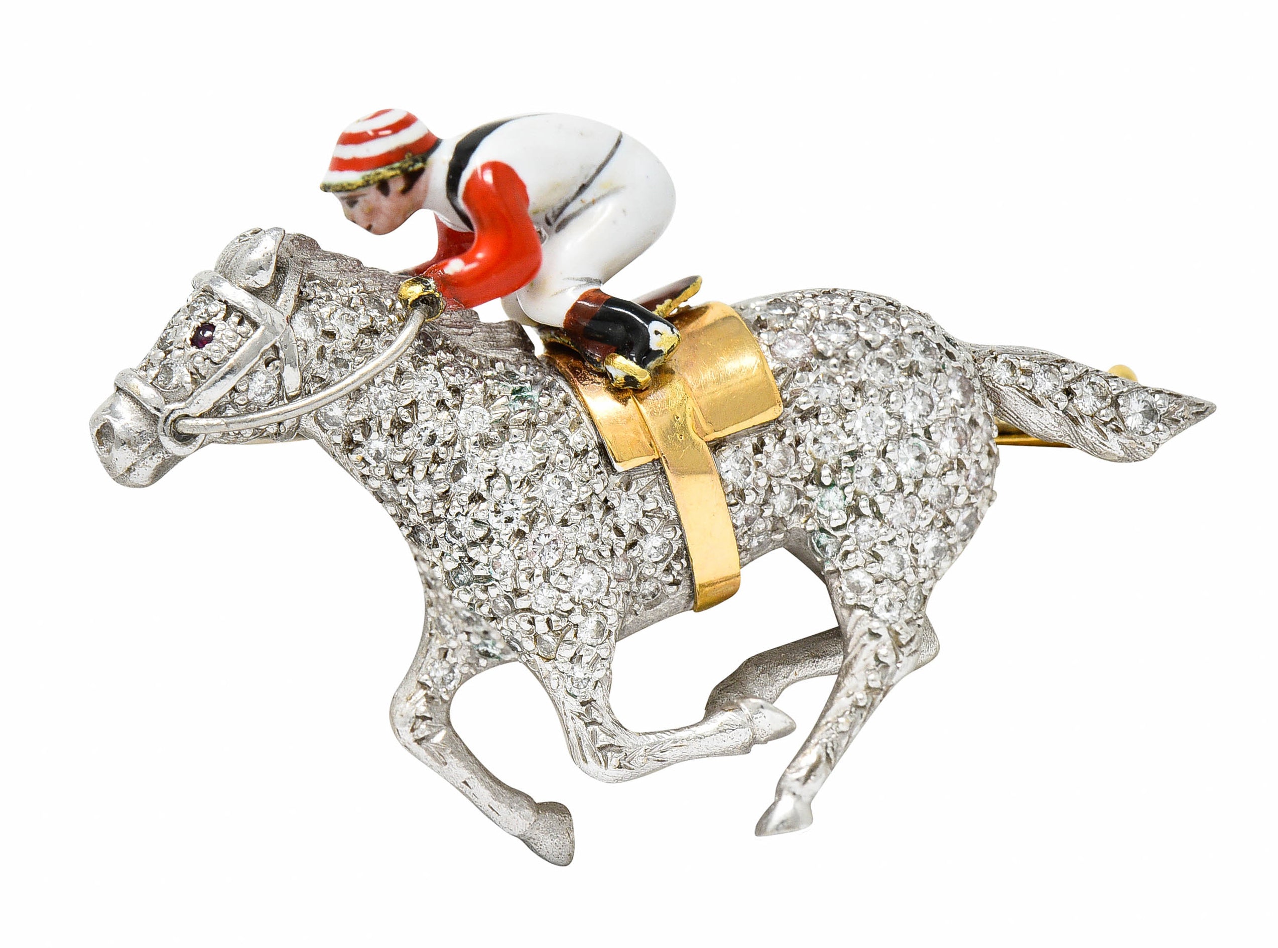 1897 E. Wolfe & Co. Enamel Pave Diamond 18 Karat White Gold Horse & Jockey BroochBrooch - Wilson's Estate Jewelry