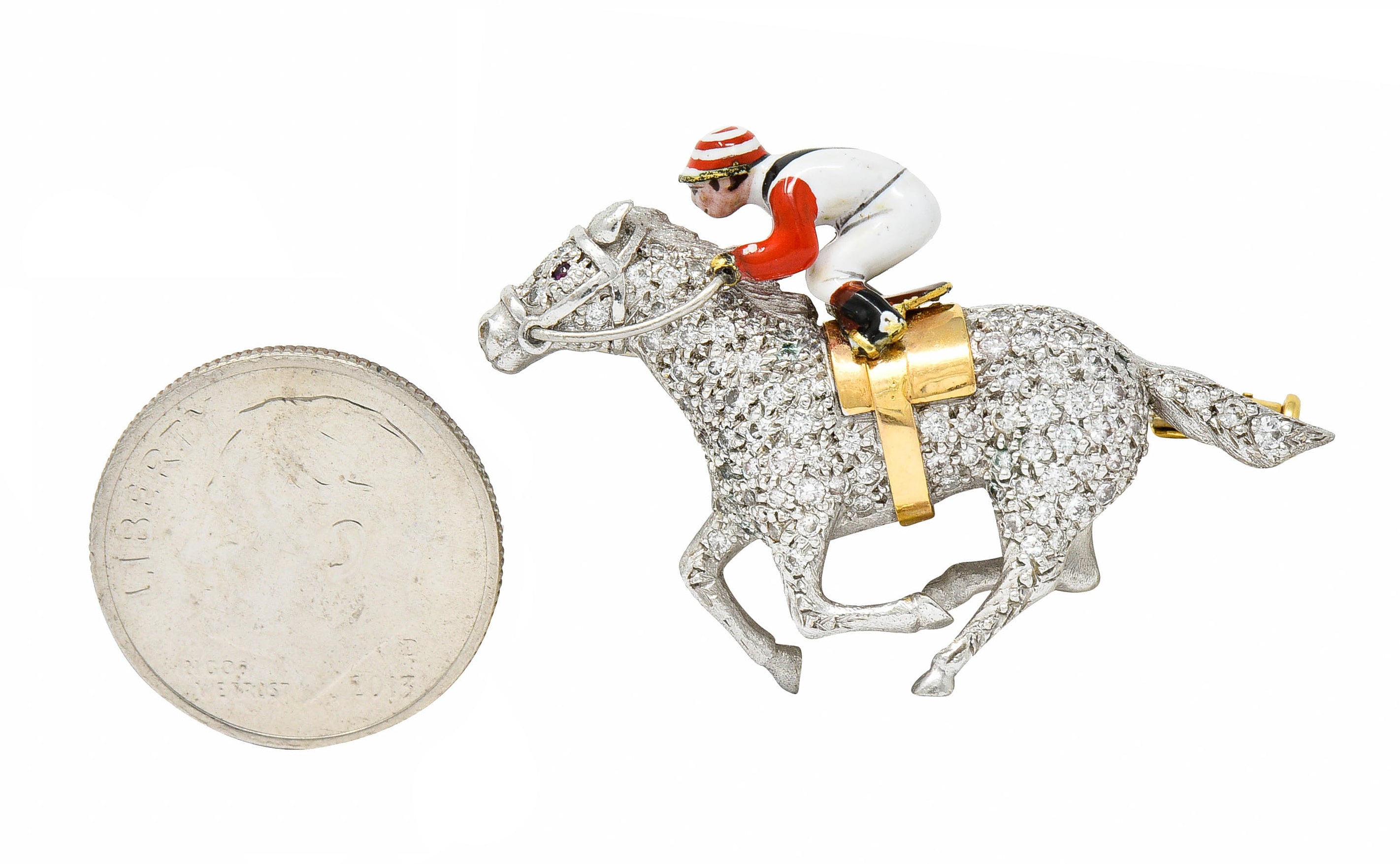 1897 E. Wolfe & Co. Enamel Pave Diamond 18 Karat White Gold Horse & Jockey BroochBrooch - Wilson's Estate Jewelry