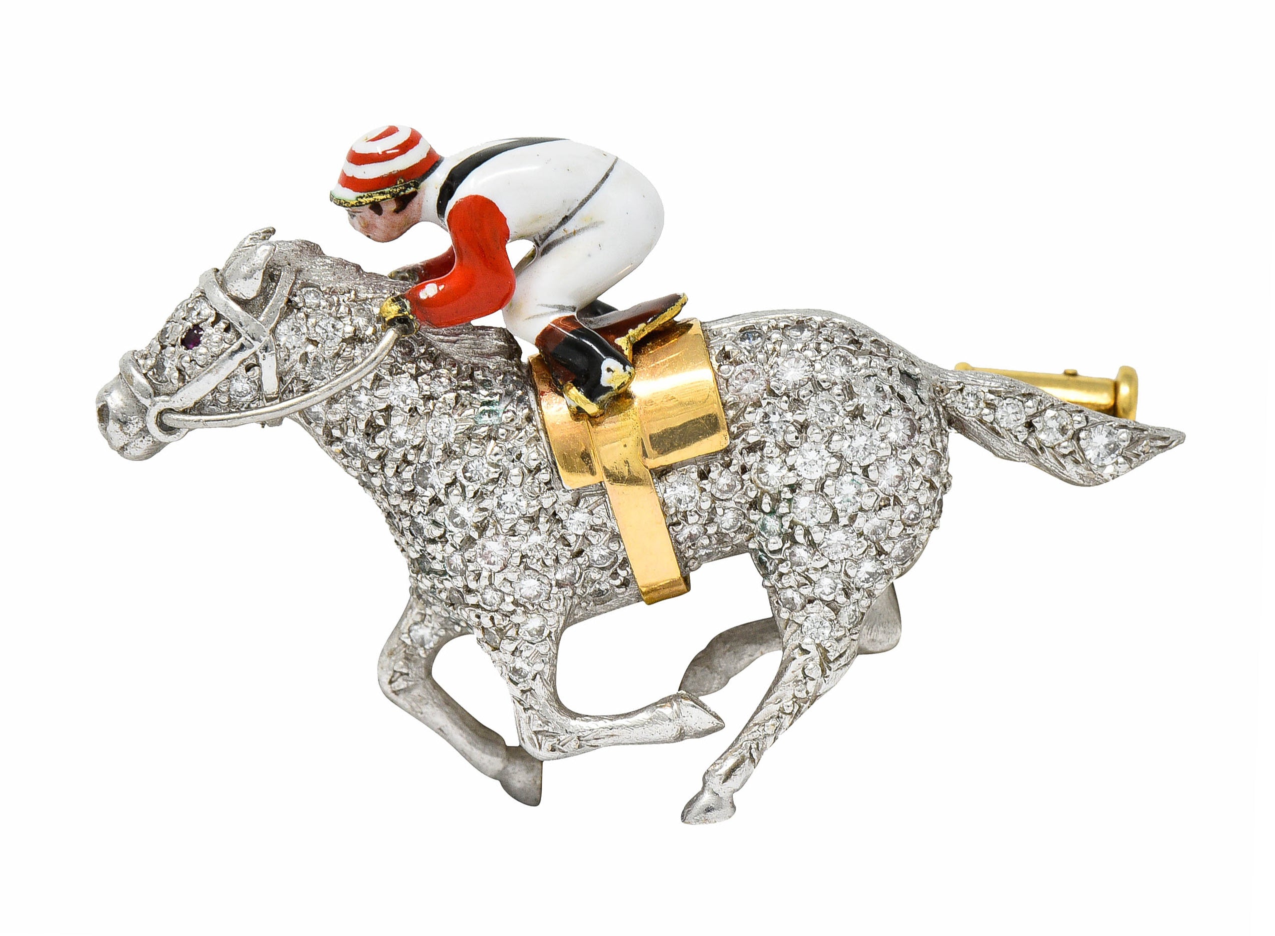 1897 E. Wolfe & Co. Enamel Pave Diamond 18 Karat White Gold Horse & Jockey BroochBrooch - Wilson's Estate Jewelry