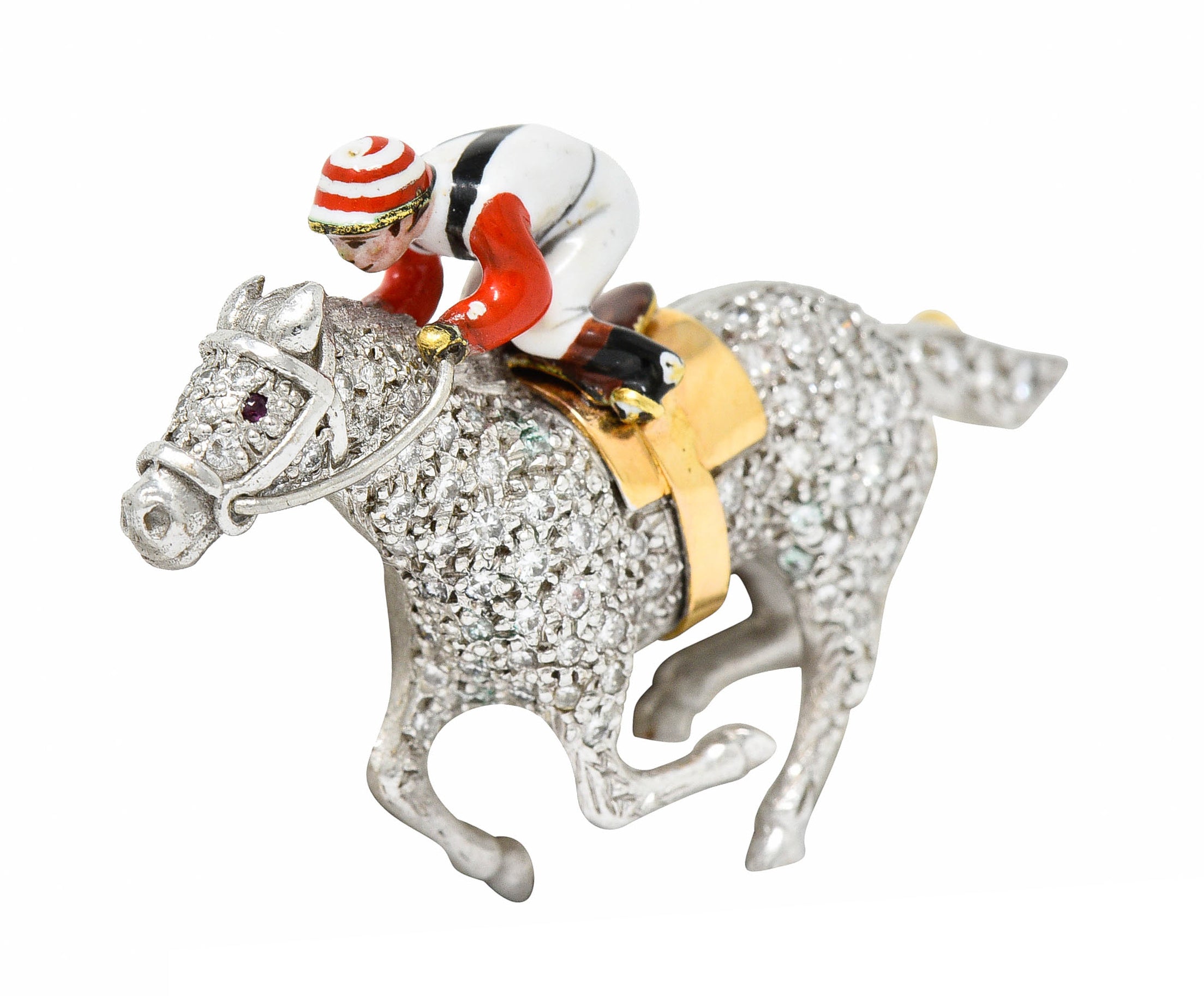 1897 E. Wolfe & Co. Enamel Pave Diamond 18 Karat White Gold Horse & Jockey BroochBrooch - Wilson's Estate Jewelry