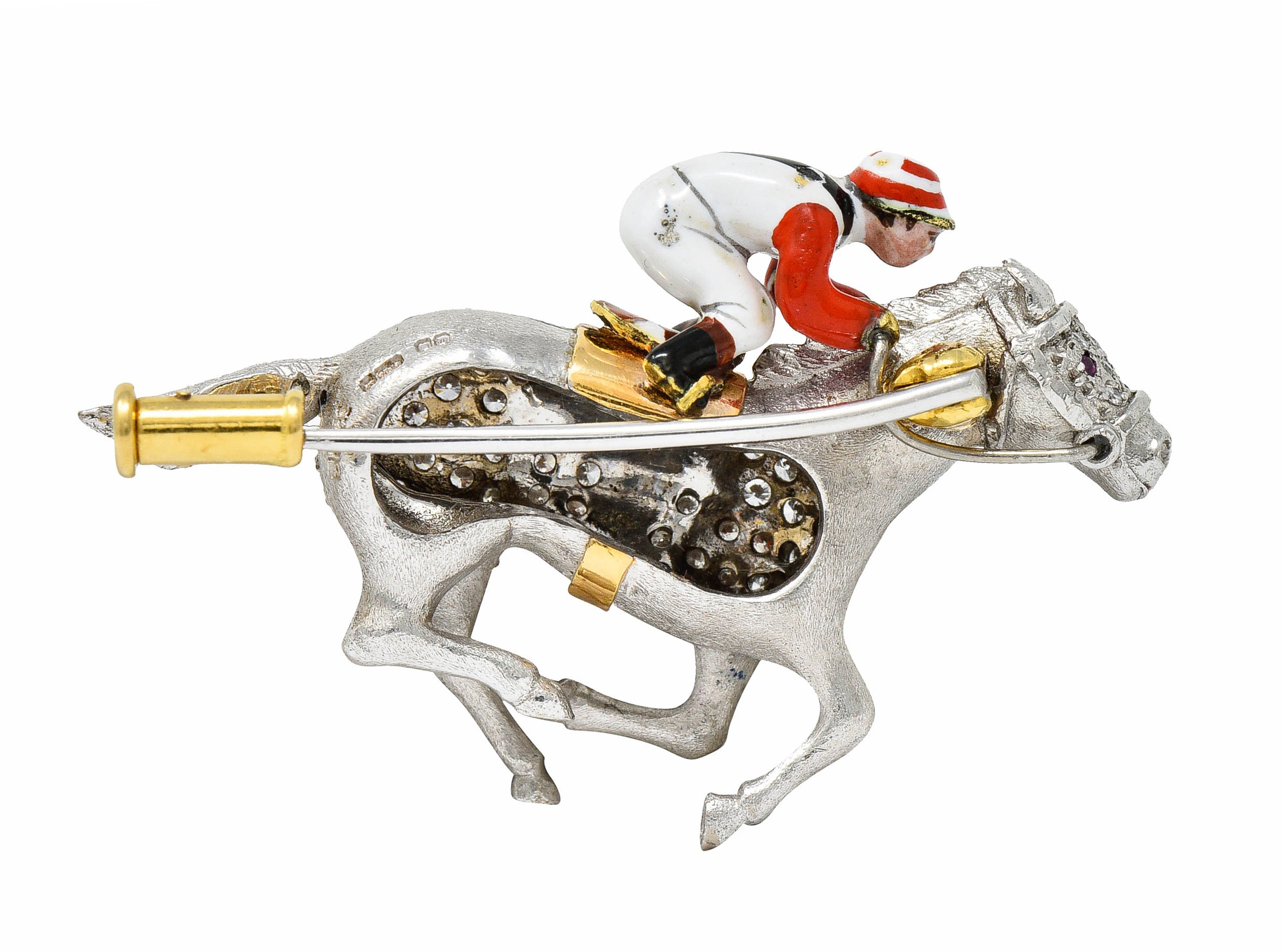 1897 E. Wolfe & Co. Enamel Pave Diamond 18 Karat White Gold Horse & Jockey BroochBrooch - Wilson's Estate Jewelry