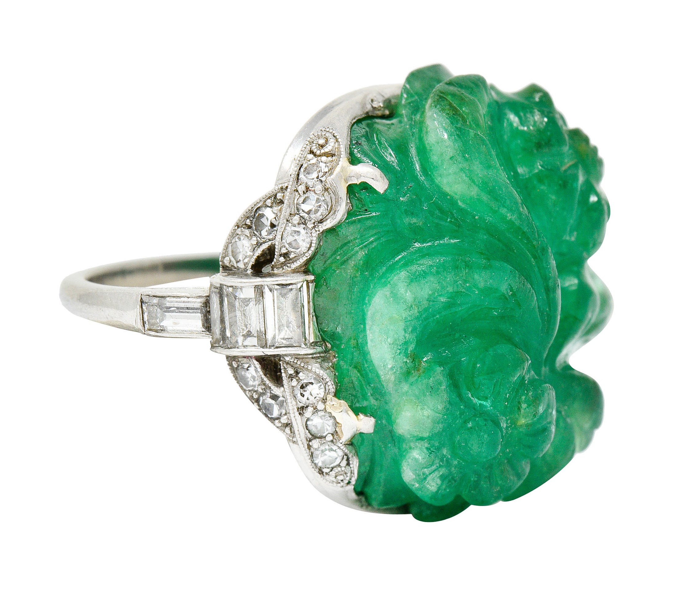 Art Deco 15.60 CTW Carved Colombian Emerald Diamond Platinum Floral Ring Wilson's Estate Jewelry