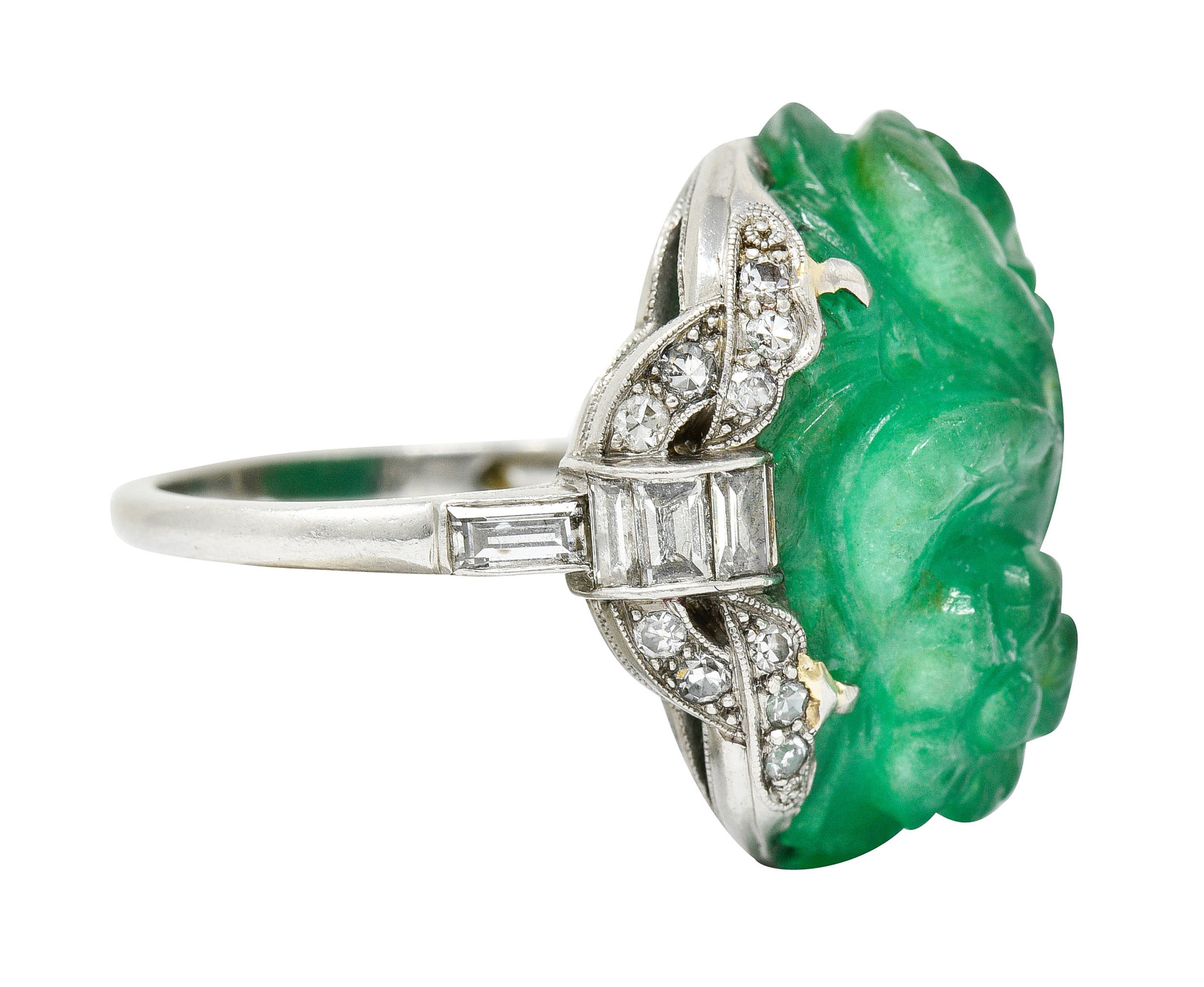 Art Deco 15.60 CTW Carved Colombian Emerald Diamond Platinum Floral Ring Wilson's Estate Jewelry