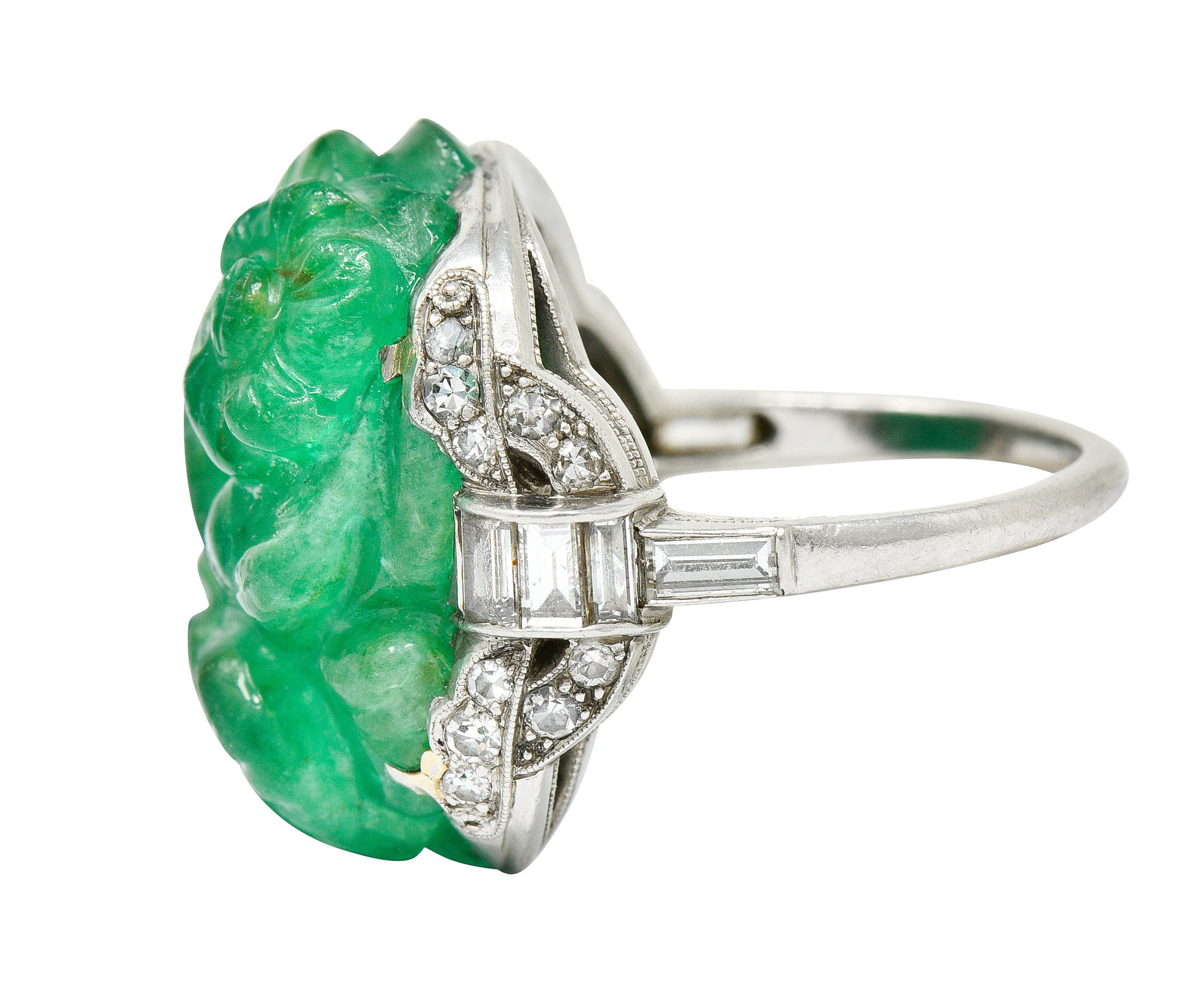 Art Deco 15.60 CTW Carved Colombian Emerald Diamond Platinum Floral Ring Wilson's Estate Jewelry