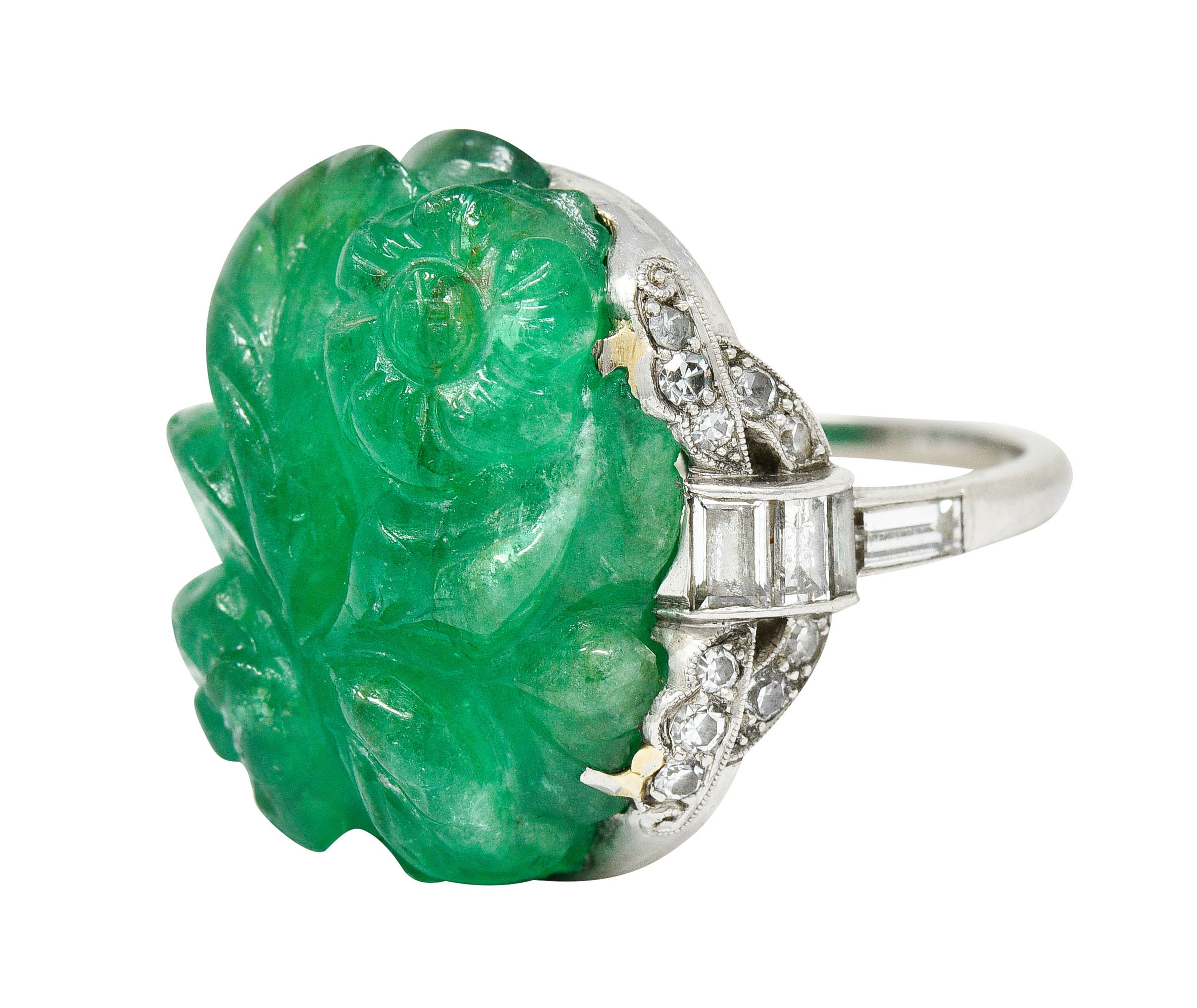 Art Deco 15.60 CTW Carved Colombian Emerald Diamond Platinum Floral Ring Wilson's Estate Jewelry