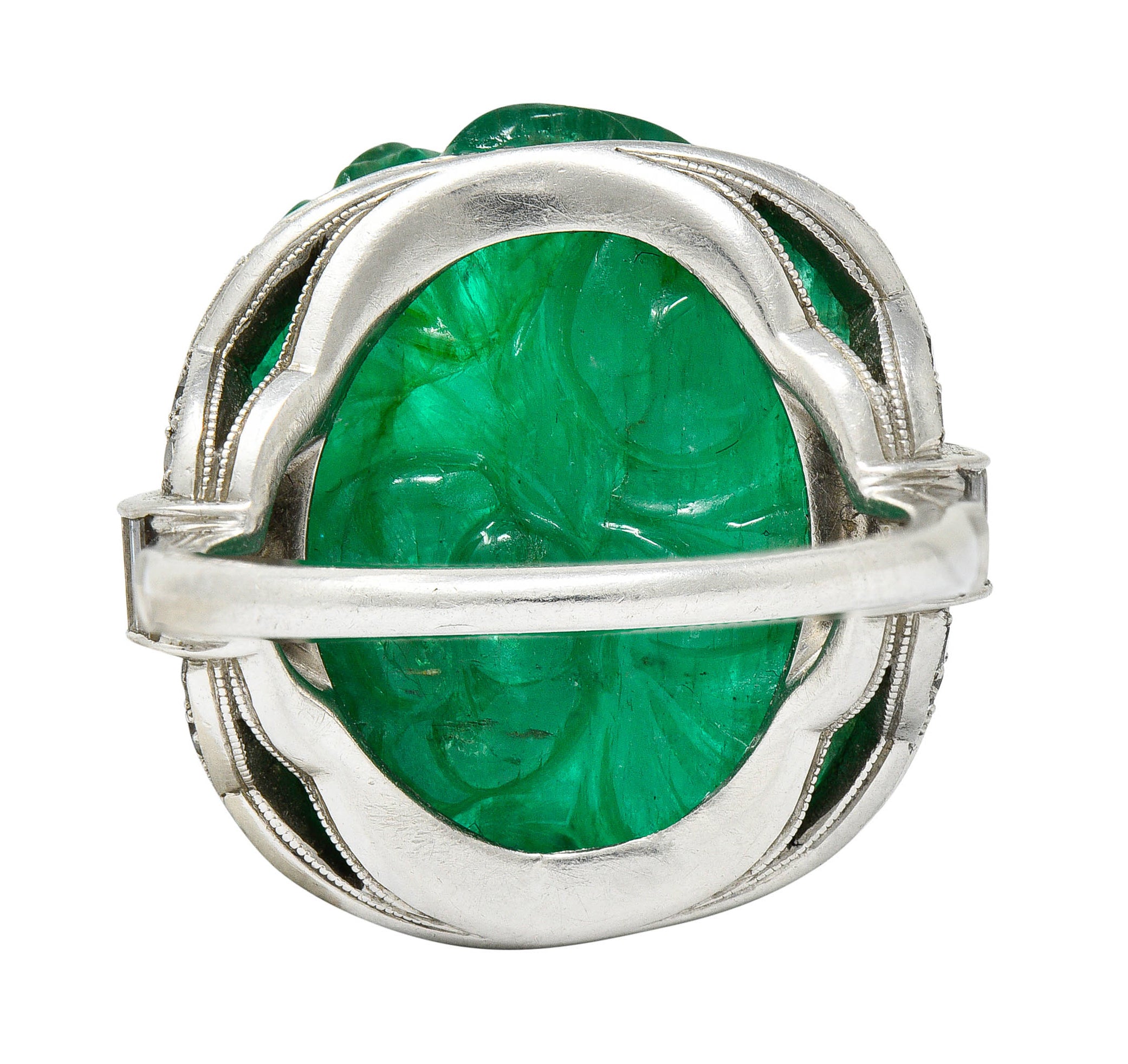 Art Deco 15.60 CTW Carved Colombian Emerald Diamond Platinum Floral Ring Wilson's Estate Jewelry