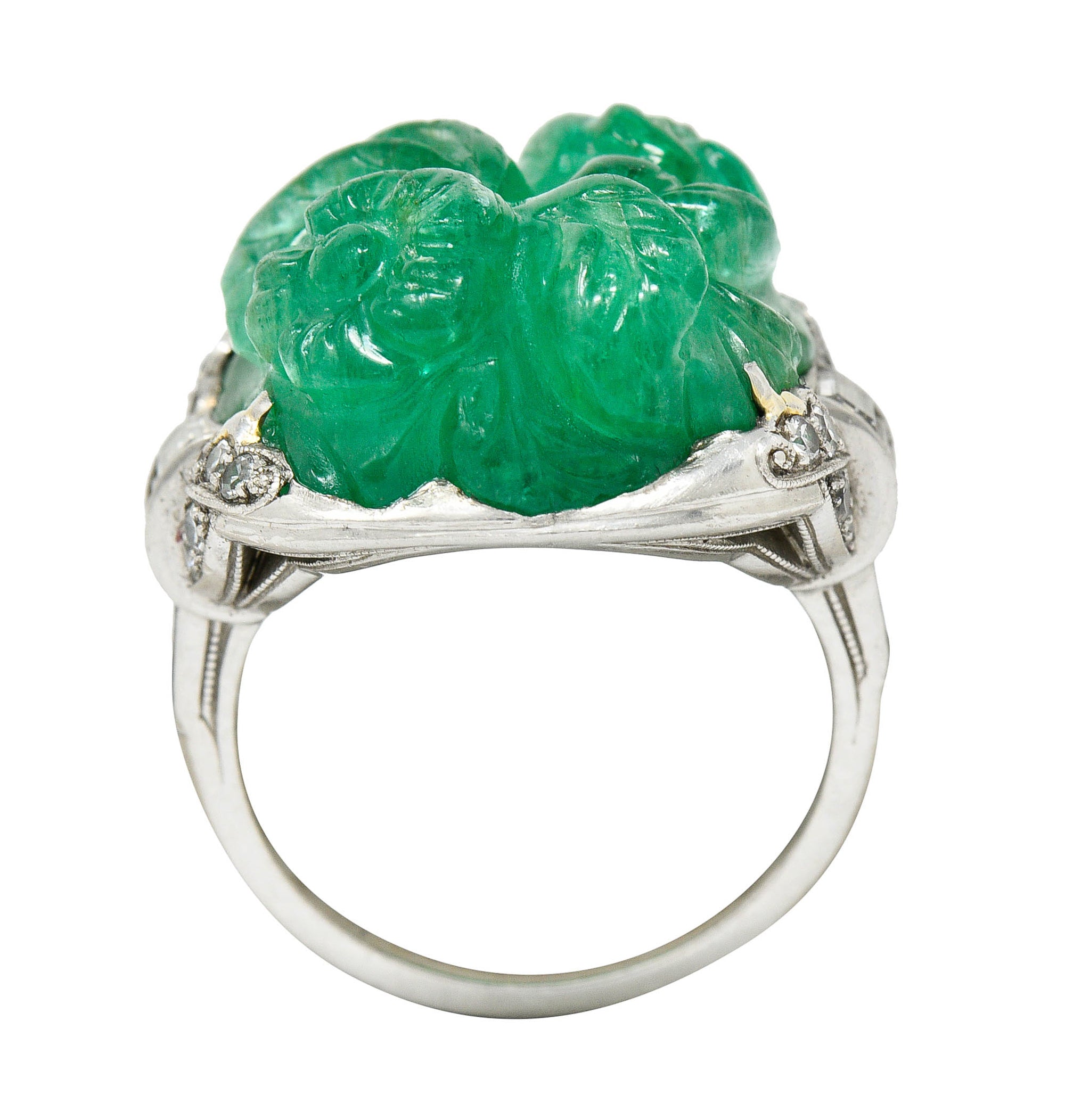 Art Deco 15.60 CTW Carved Colombian Emerald Diamond Platinum Floral Ring Wilson's Estate Jewelry