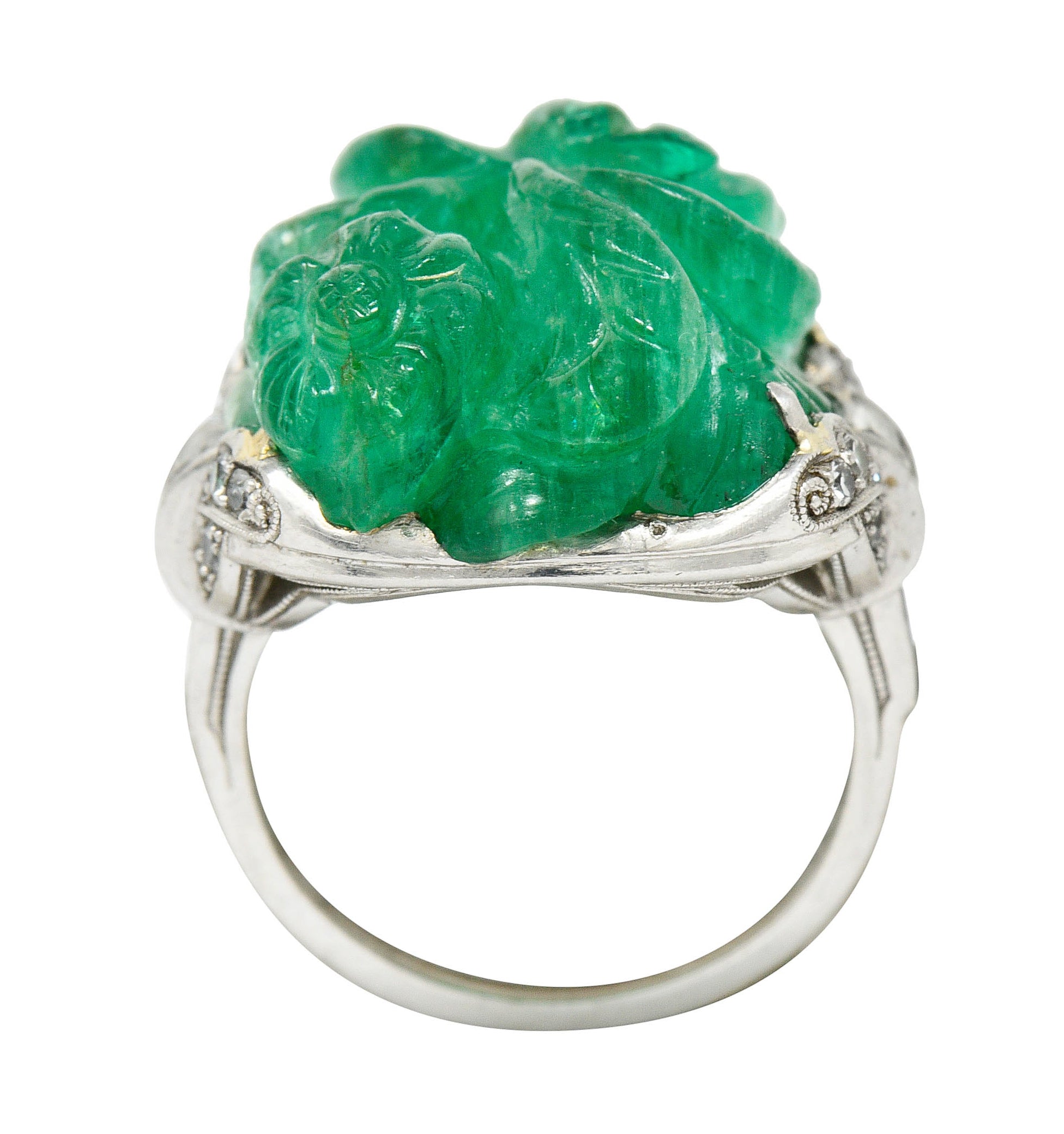 Art Deco 15.60 CTW Carved Colombian Emerald Diamond Platinum Floral Ring Wilson's Estate Jewelry