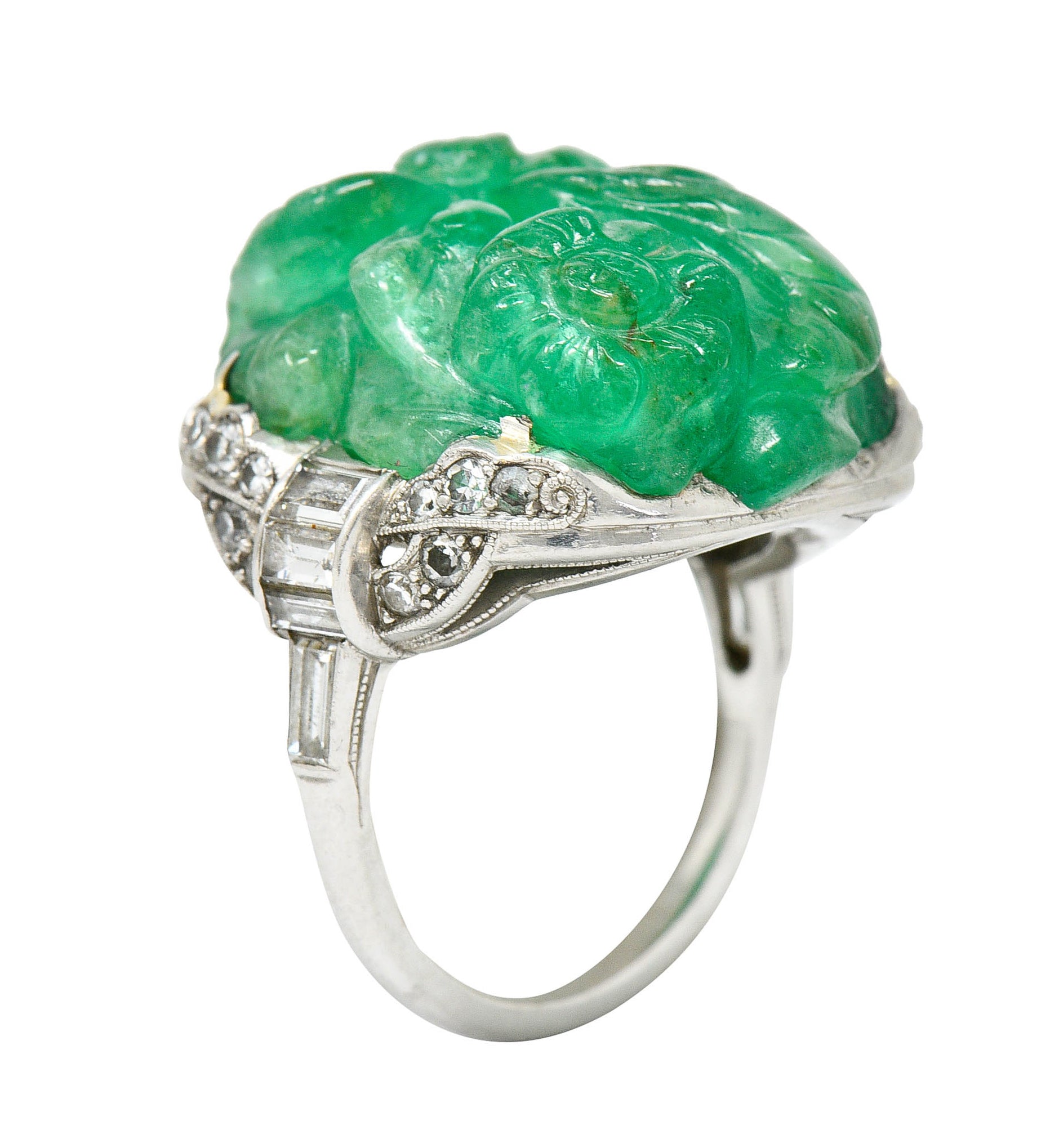 Art Deco 15.60 CTW Carved Colombian Emerald Diamond Platinum Floral Ring Wilson's Estate Jewelry