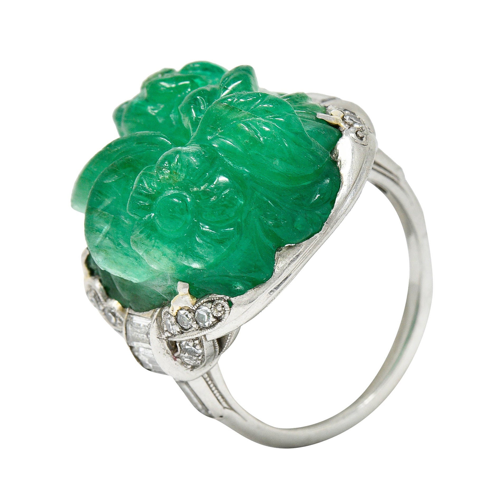 Art Deco 15.60 CTW Carved Colombian Emerald Diamond Platinum Floral Ring Wilson's Estate Jewelry