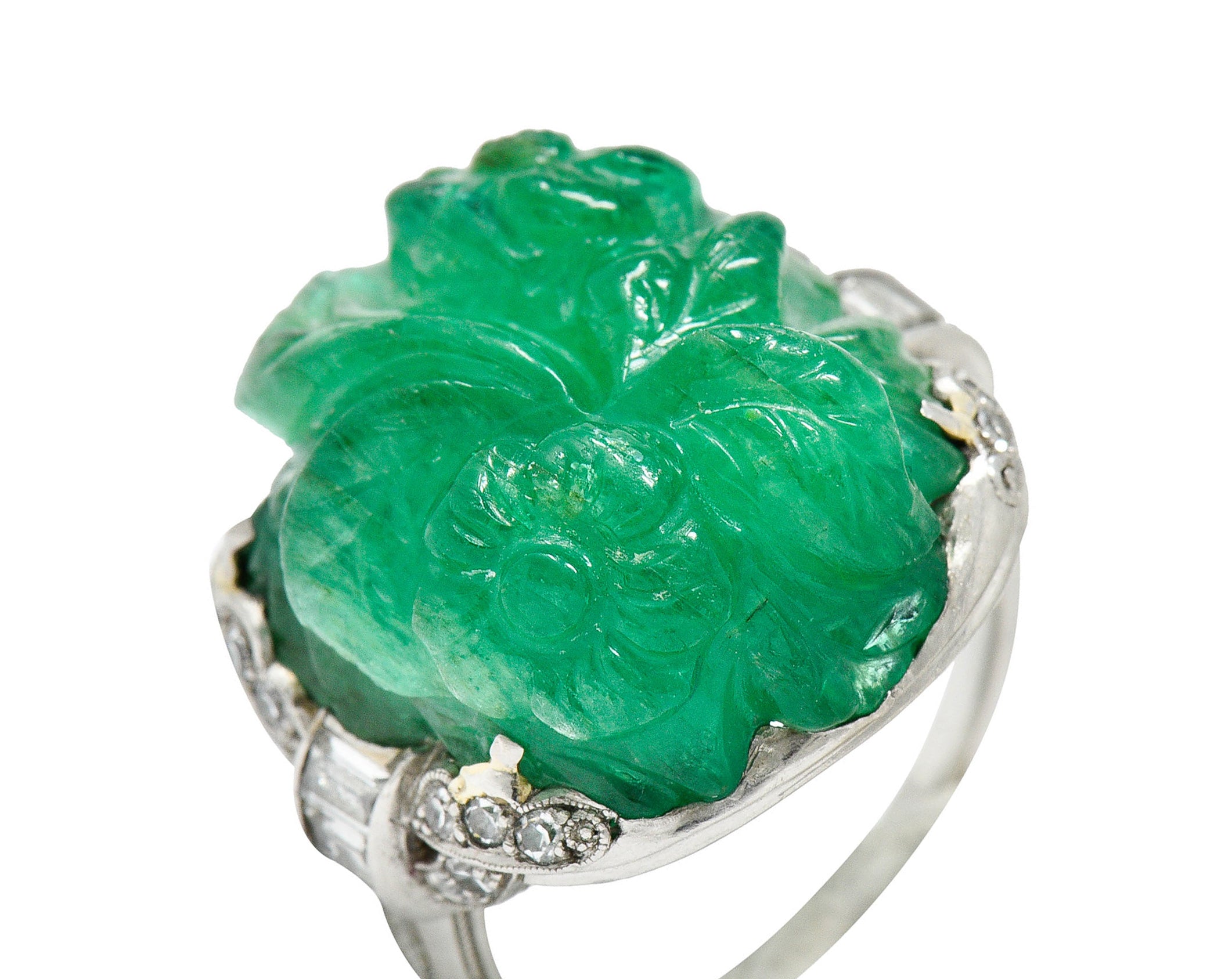 Art Deco 15.60 CTW Carved Colombian Emerald Diamond Platinum Floral Ring Wilson's Estate Jewelry