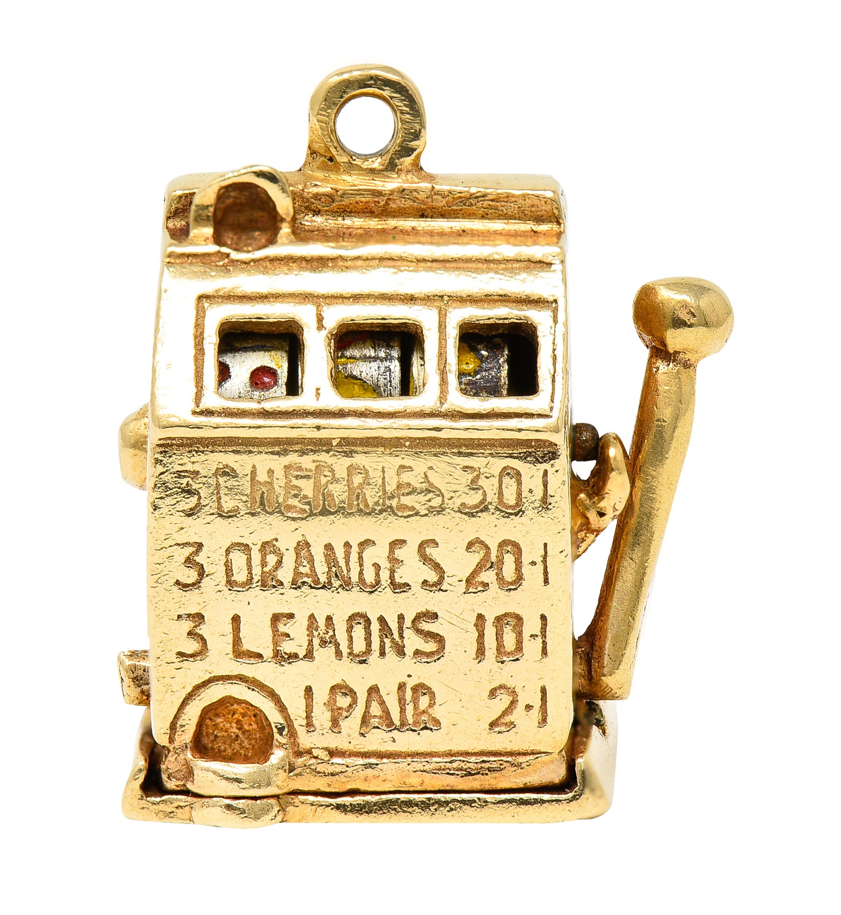 1940's Retro Enamel 14 Karat Yellow Gold Vintage Slot Machine Charm Wilson's Estate Jewelry