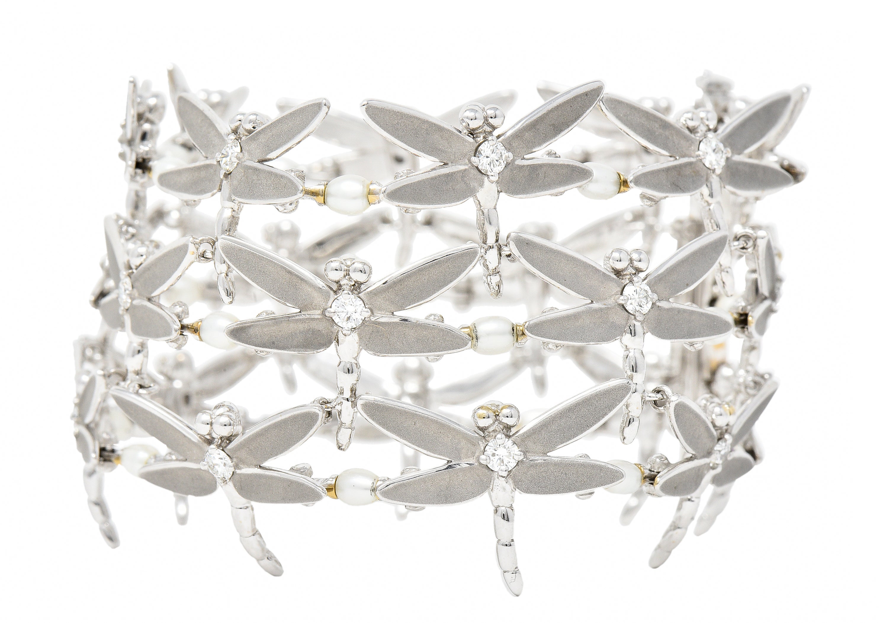 Tiffany & Co. Diamond Pearl Enamel 18 Karat White Gold Dragonfly Link Bracelet Wilson's Estate Jewelry