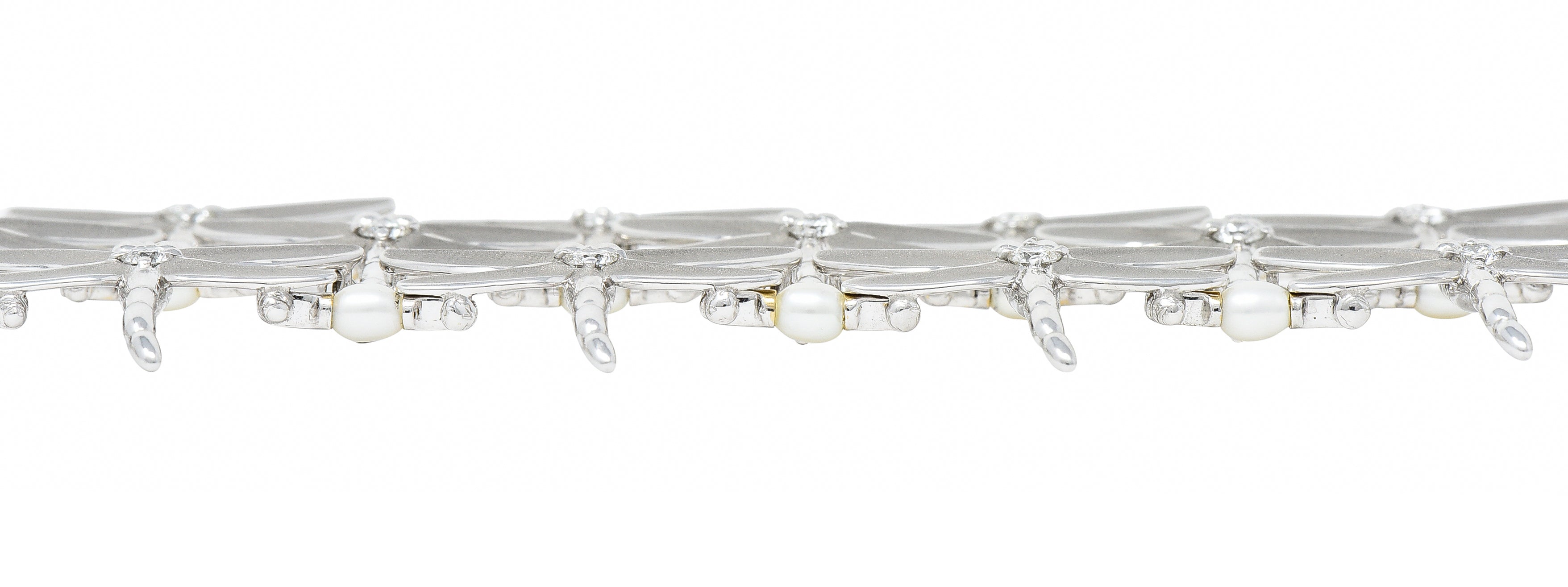 Tiffany & Co. Diamond Pearl Enamel 18 Karat White Gold Dragonfly Link Bracelet Wilson's Estate Jewelry