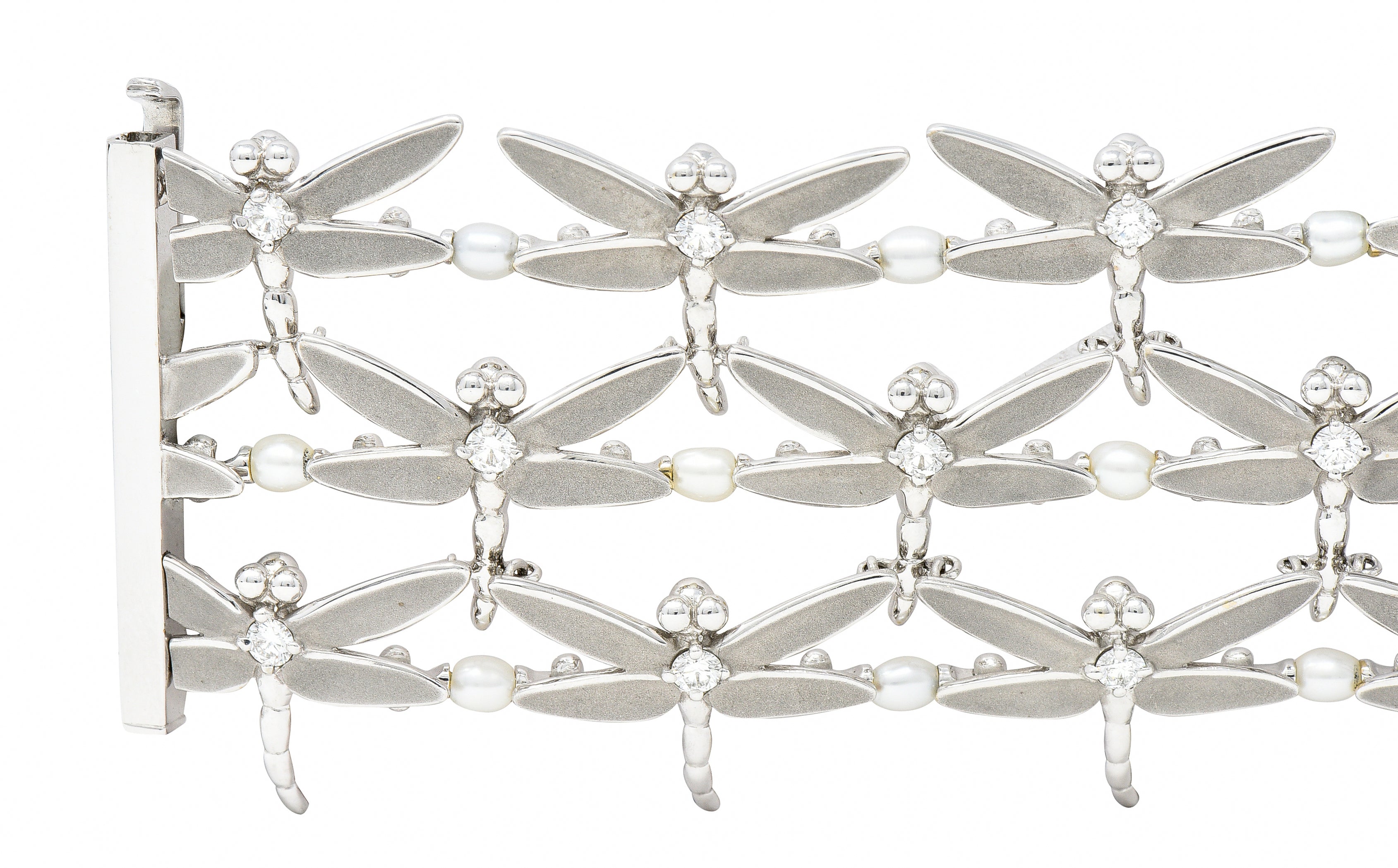 Tiffany & Co. Diamond Pearl Enamel 18 Karat White Gold Dragonfly Link Bracelet Wilson's Estate Jewelry