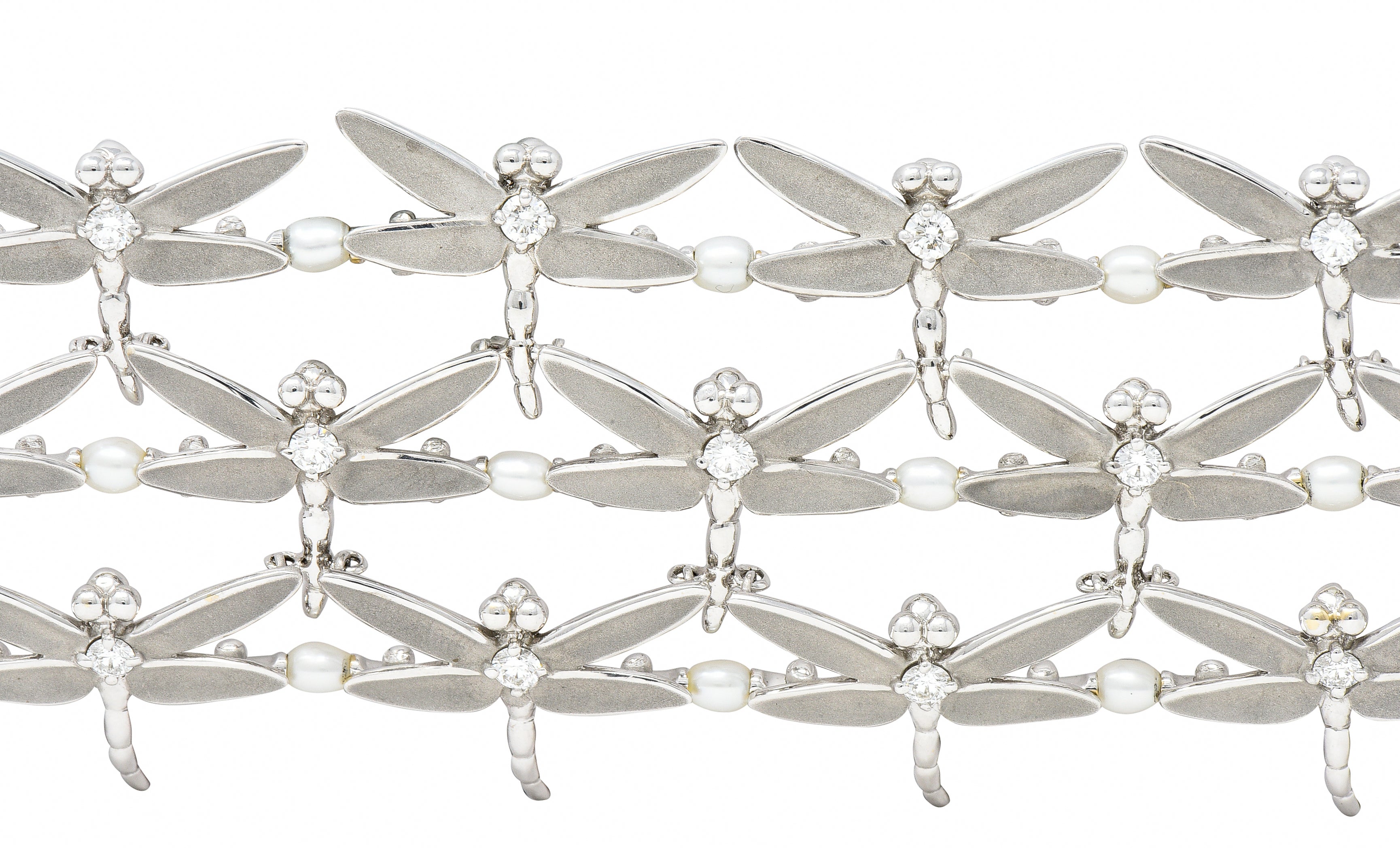 Tiffany & Co. Diamond Pearl Enamel 18 Karat White Gold Dragonfly Link Bracelet Wilson's Estate Jewelry