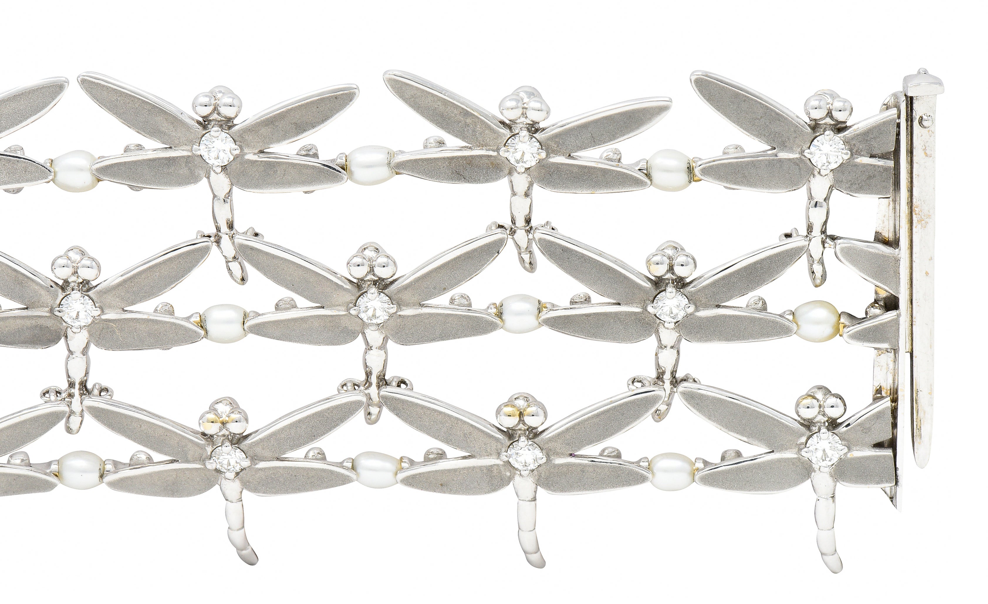 Tiffany & Co. Diamond Pearl Enamel 18 Karat White Gold Dragonfly Link Bracelet Wilson's Estate Jewelry