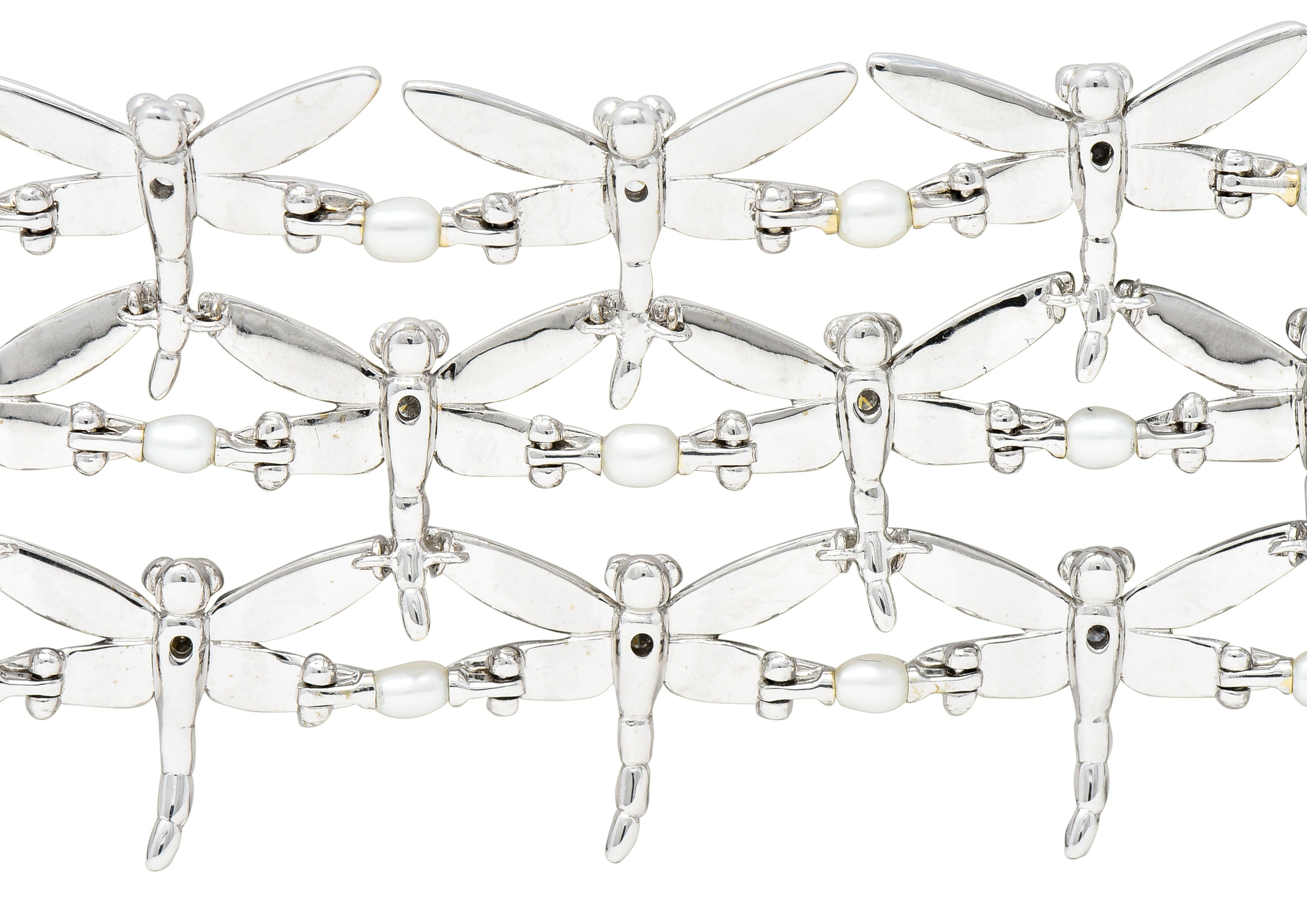 Tiffany & Co. Diamond Pearl Enamel 18 Karat White Gold Dragonfly Link Bracelet Wilson's Estate Jewelry