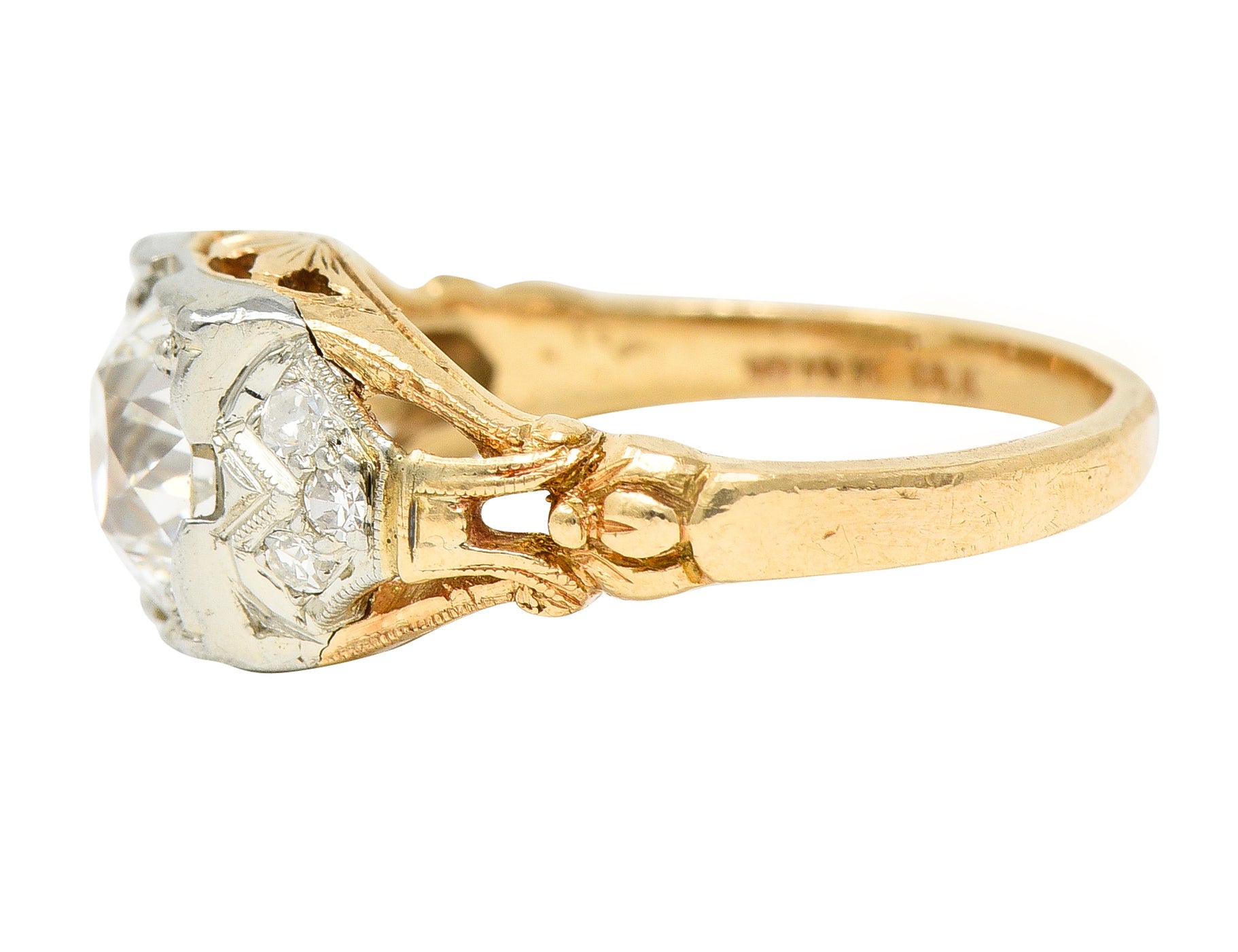 1920's Art Deco 1.11 CTW Diamond Two-Tone Gold Foliate Engagement Ring GIA Wilson's Estate Jewelry