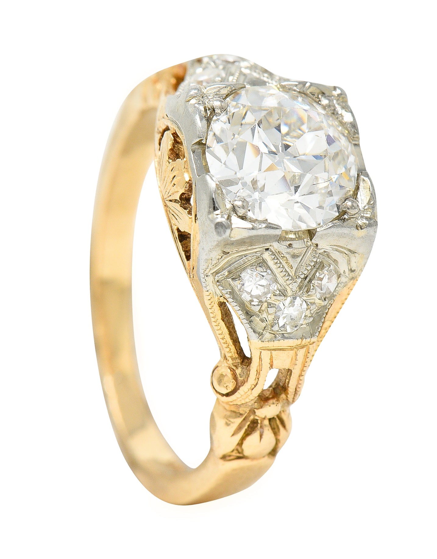 1920's Art Deco 1.11 CTW Diamond Two-Tone Gold Foliate Engagement Ring GIA Wilson's Estate Jewelry