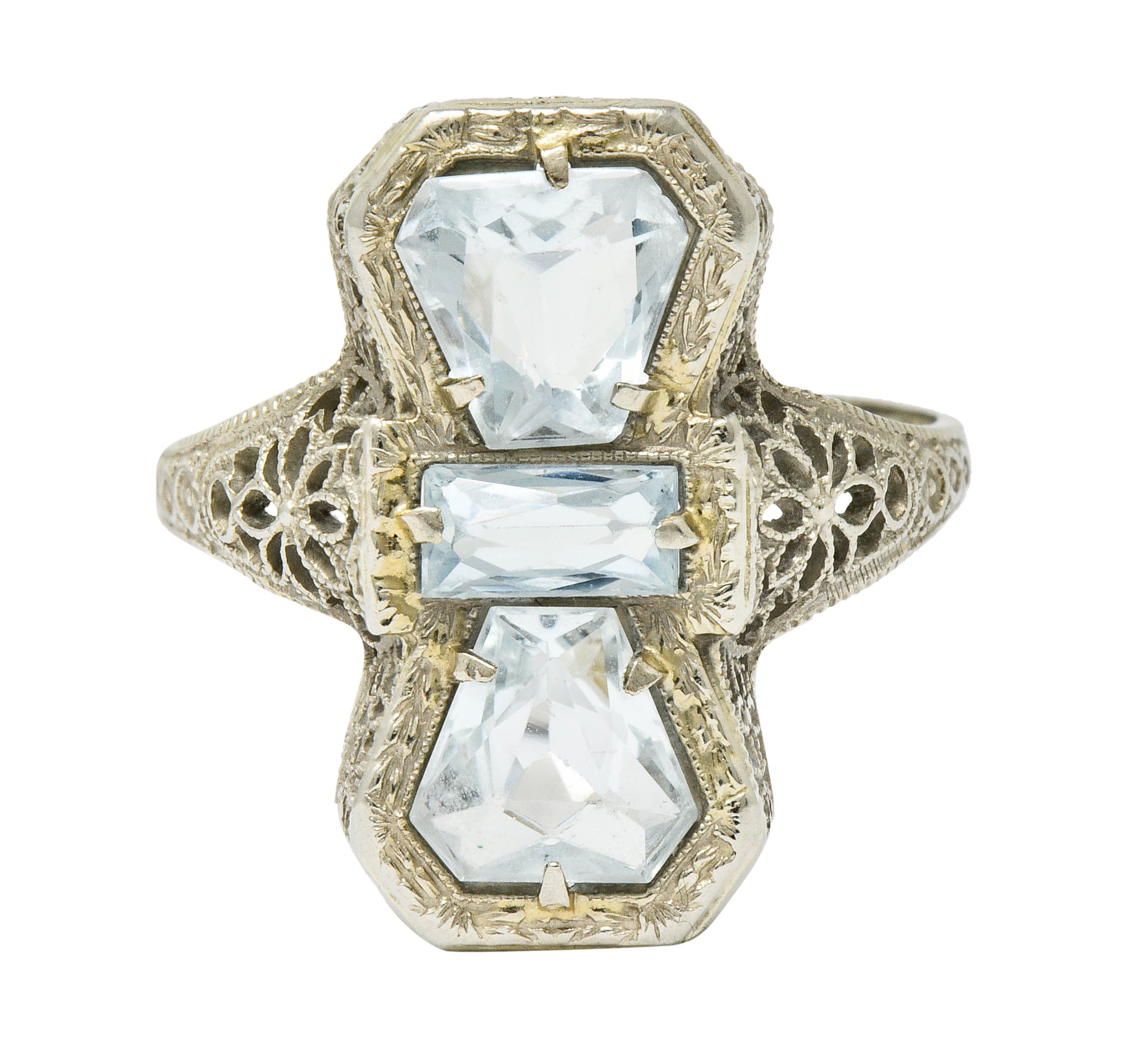 Art Deco Aquamarine 14 Karat White Gold Three Stone Dinner RingRing - Wilson's Estate Jewelry