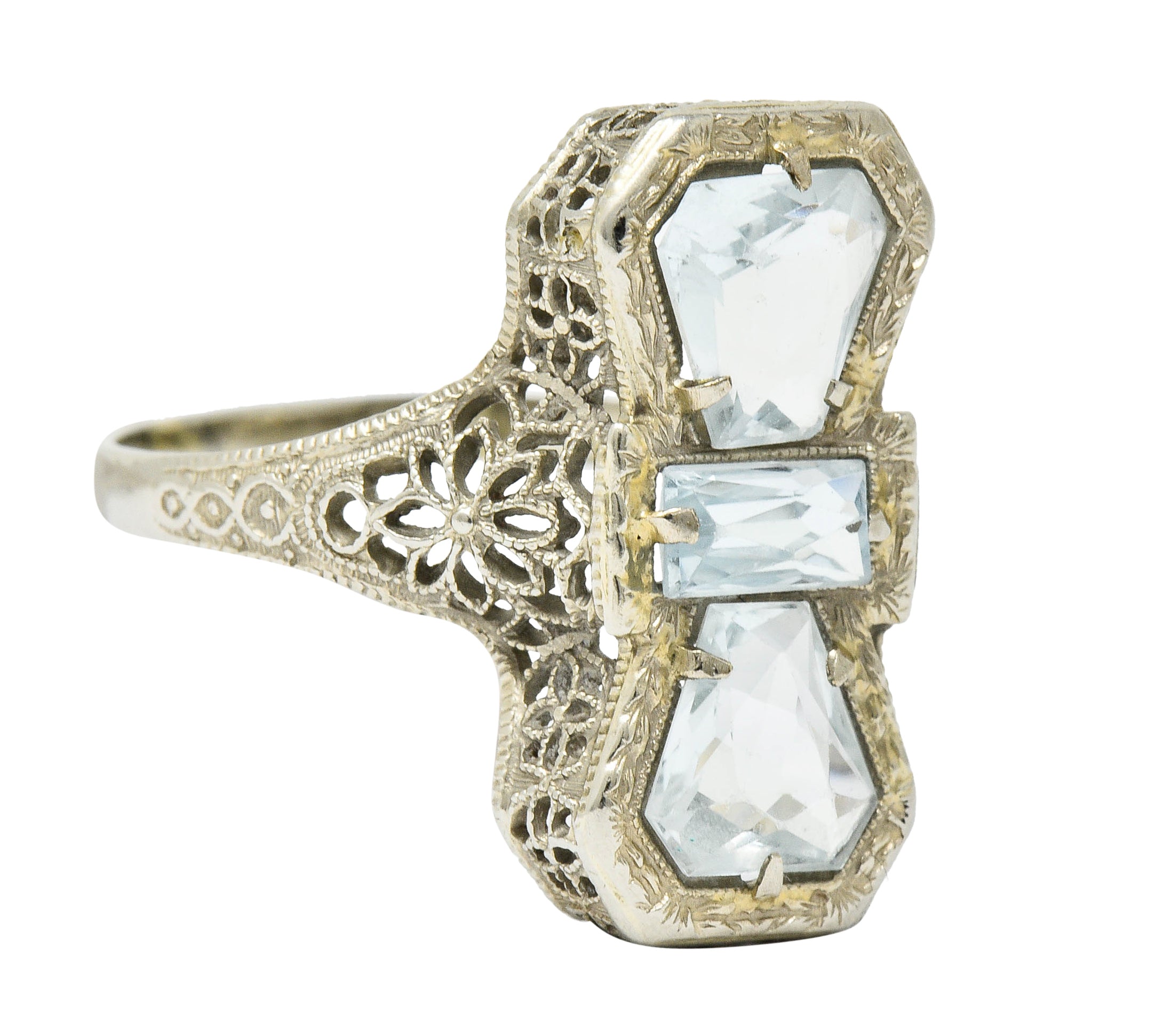 Art Deco Aquamarine 14 Karat White Gold Three Stone Dinner RingRing - Wilson's Estate Jewelry