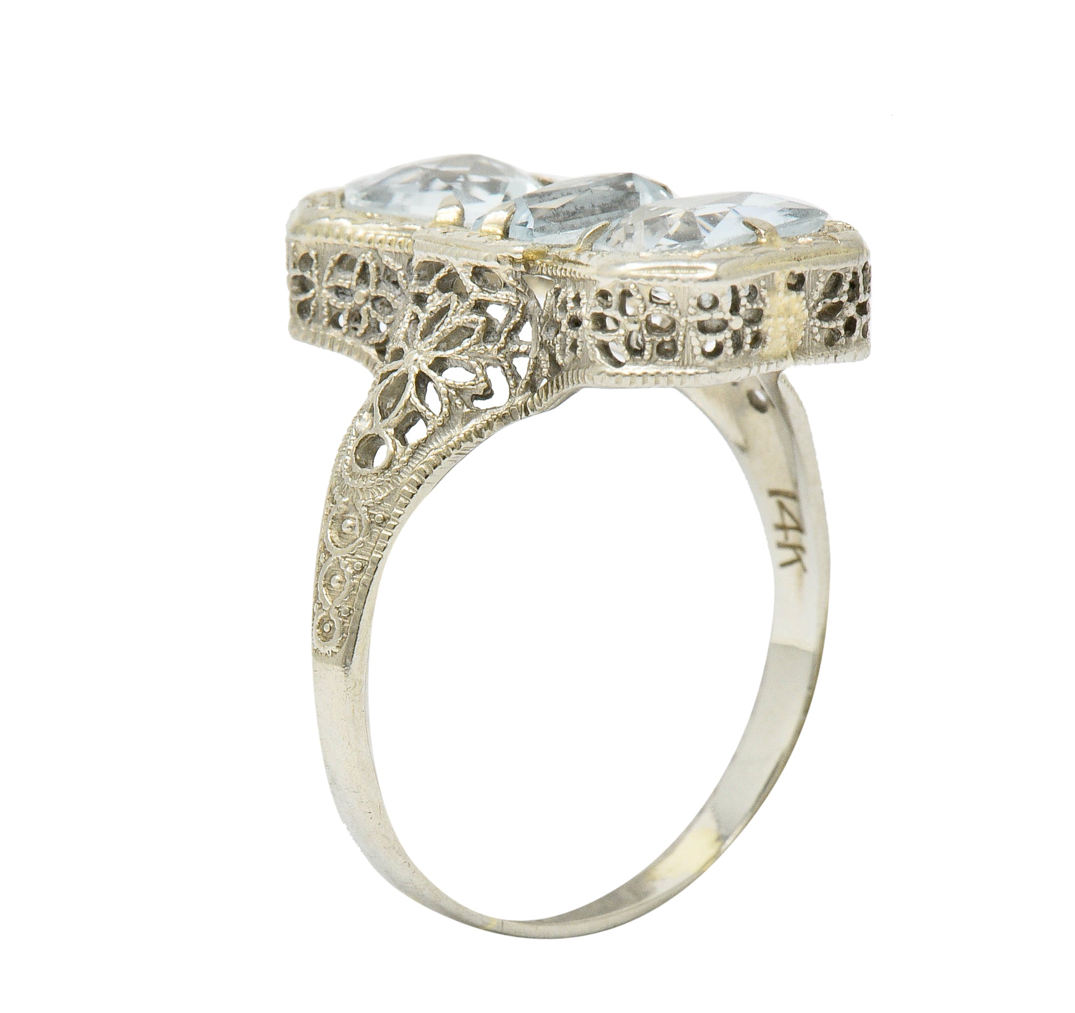 Art Deco Aquamarine 14 Karat White Gold Three Stone Dinner RingRing - Wilson's Estate Jewelry