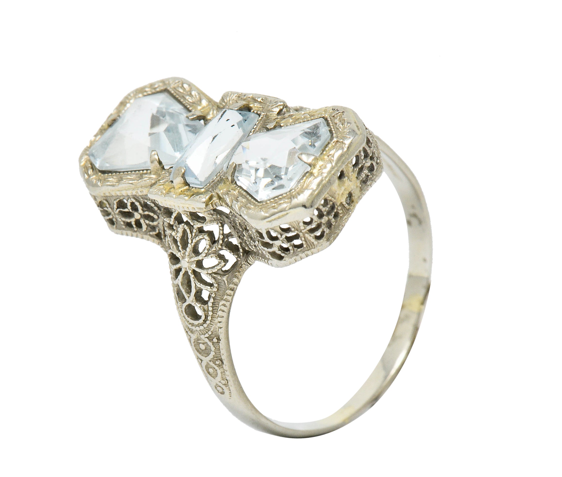 Art Deco Aquamarine 14 Karat White Gold Three Stone Dinner RingRing - Wilson's Estate Jewelry