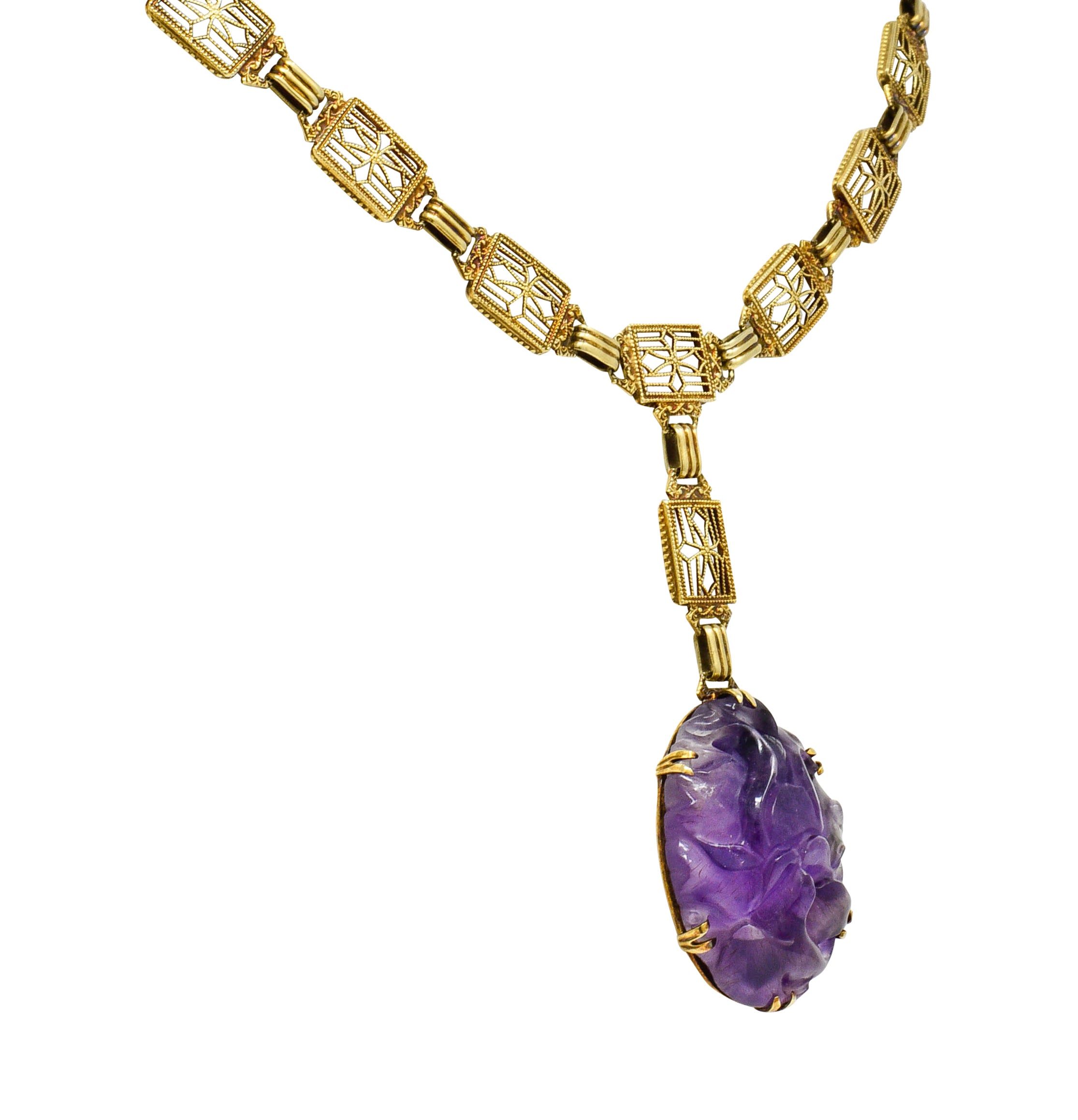 Victorian Carved Rutilated Amethyst 14 Karat Gold Drop NecklaceNecklace - Wilson's Estate Jewelry