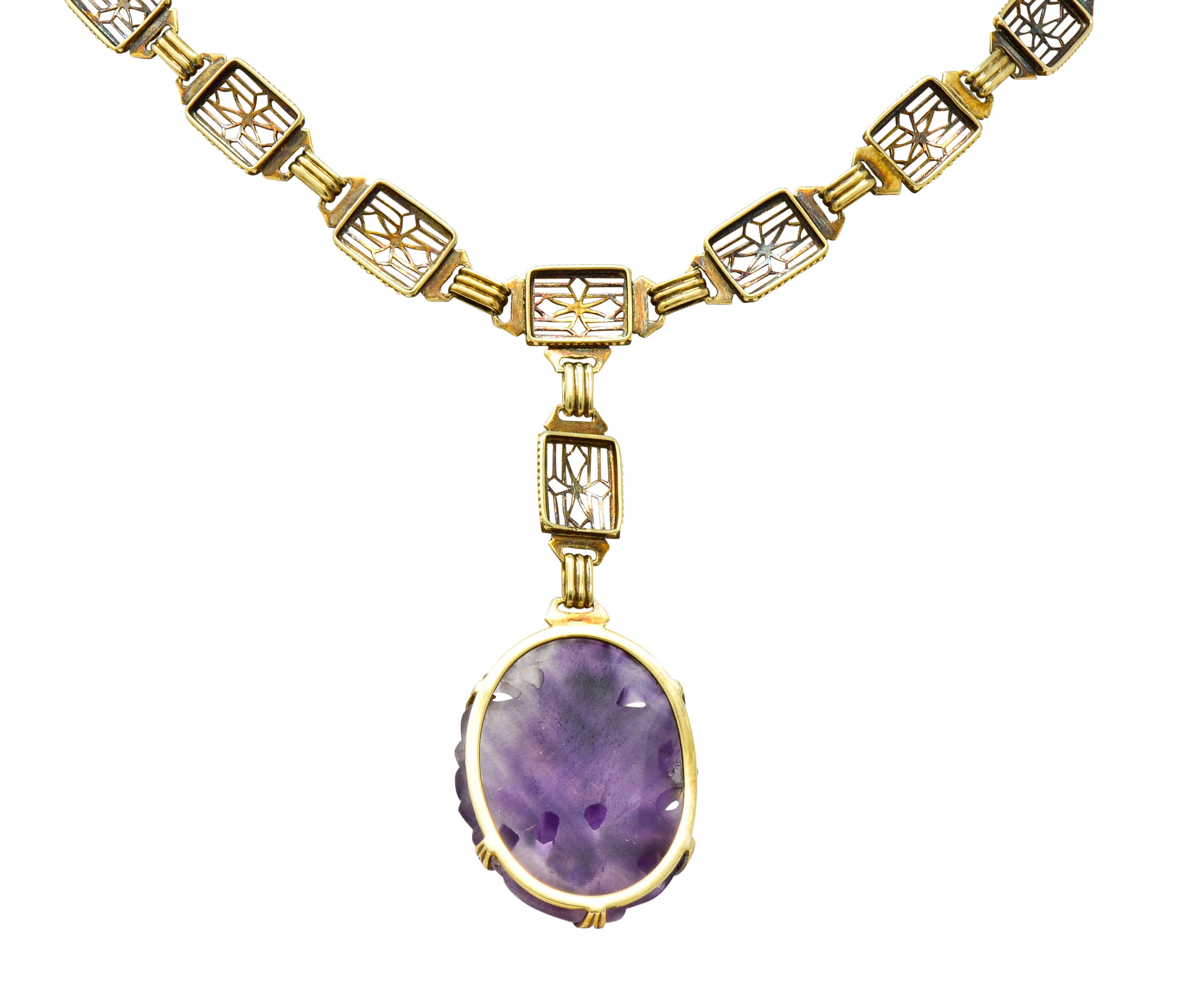 Victorian Carved Rutilated Amethyst 14 Karat Gold Drop NecklaceNecklace - Wilson's Estate Jewelry