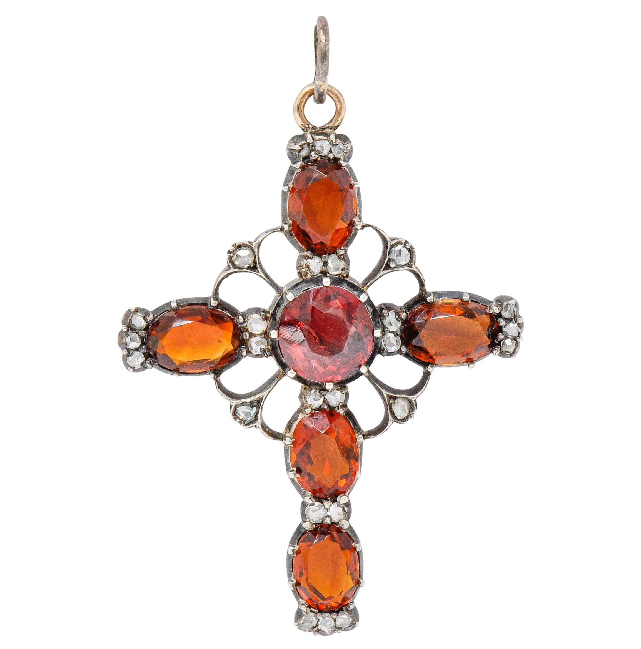 Victorian Garnet Citrine Diamond Silver-Topped 14 Karat Gold Cross PendantNecklace - Wilson's Estate Jewelry