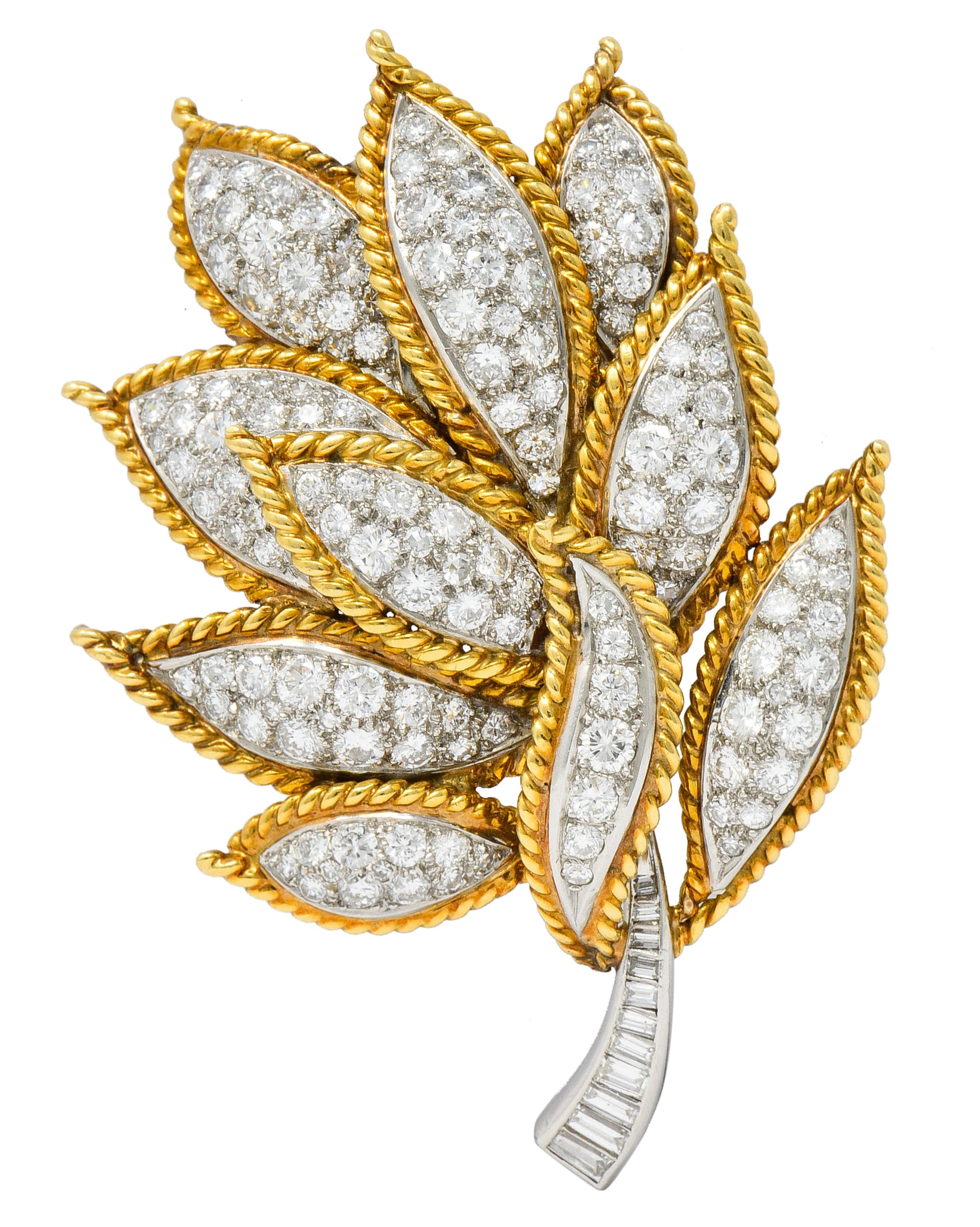 Mid-Century 4.25 CTW Diamond 18 Karat Gold Platinum Foliate Brooch Circa 1950Brooch - Wilson's Estate Jewelry