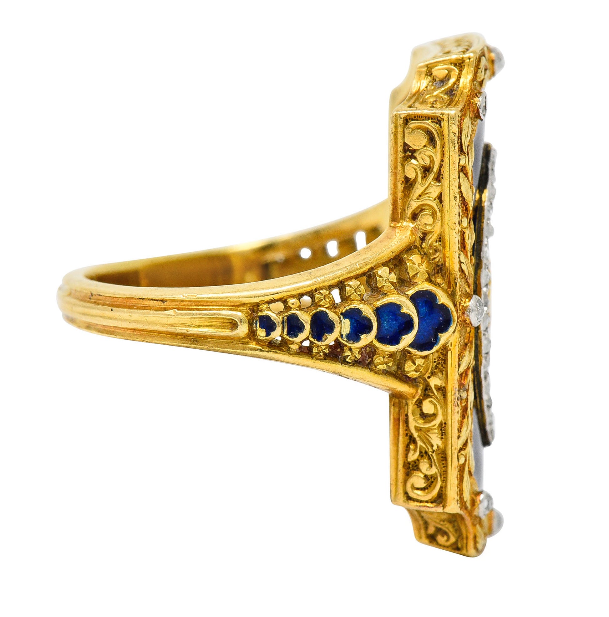 Antique Neoclassical Diamond Enamel Platinum-Topped 18 Karat Tri-Colored Gold Cupid RingRing - Wilson's Estate Jewelry